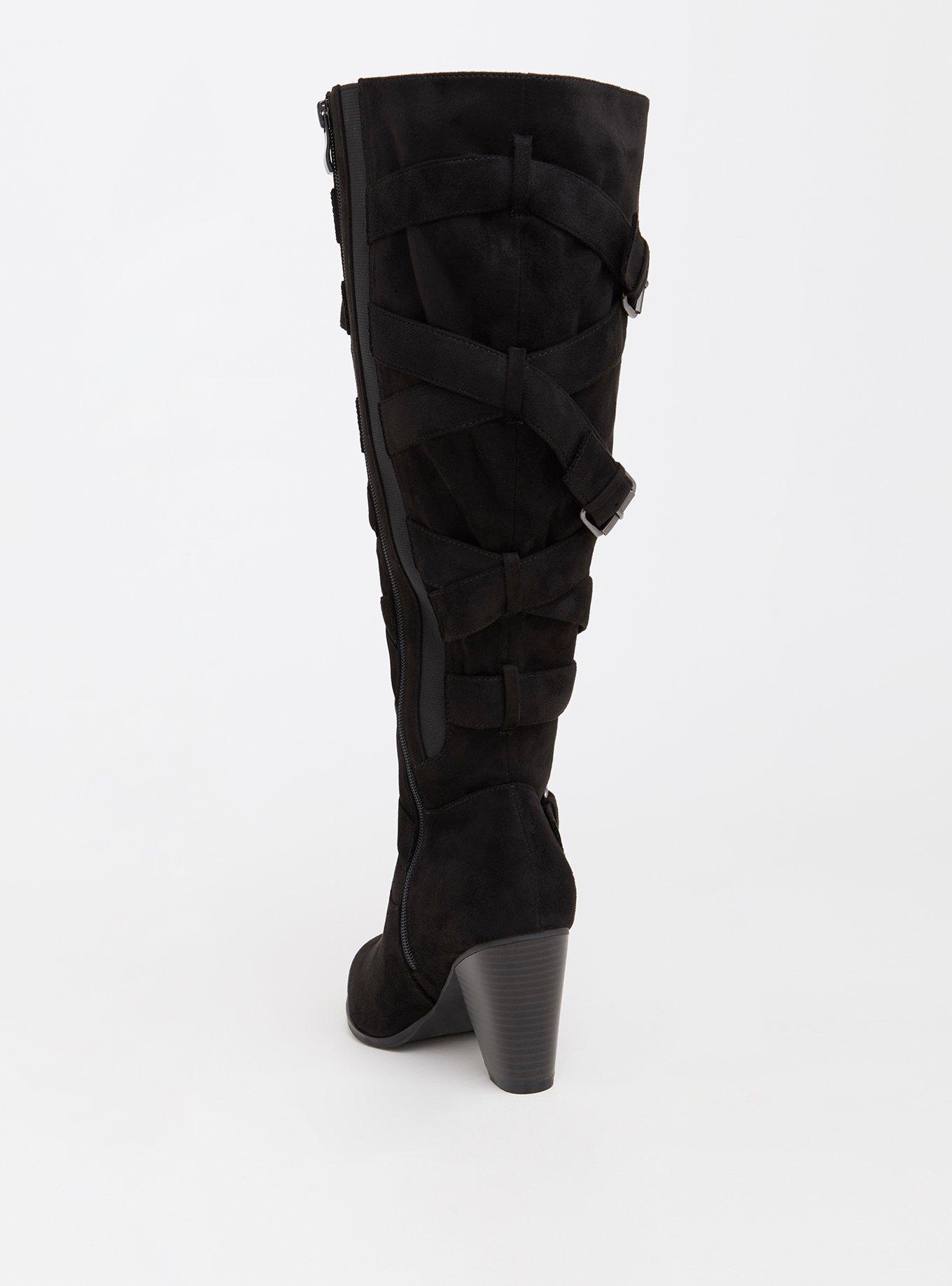 Plus Size Strappy Heeled Knee Boot (WW), BLACK, alternate