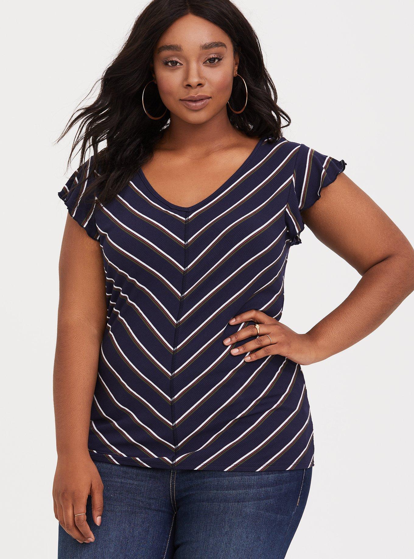 Plus Size - Navy Stripe Ruffle Tee - Torrid