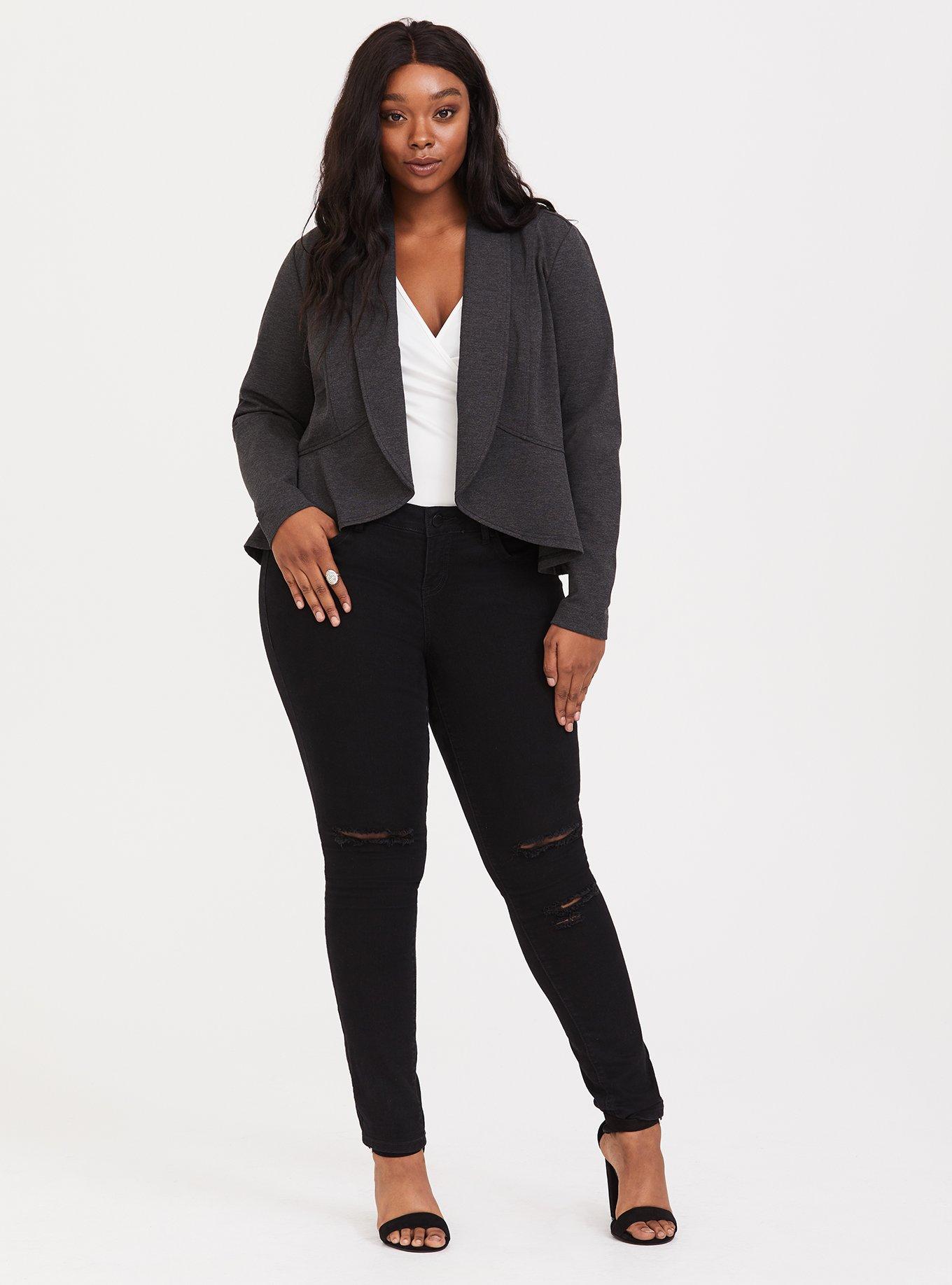 Plus Size Grey Military Ruffle Ponte Blazer, GREY, alternate