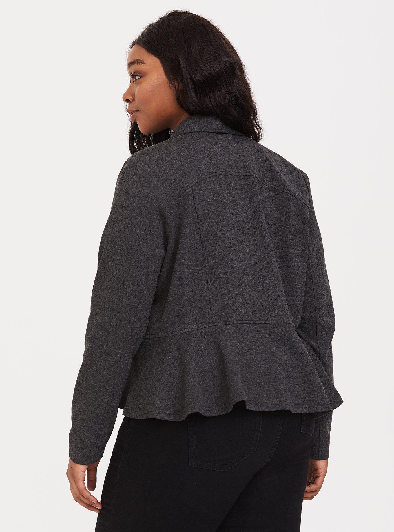 Plus Size Grey Military Ruffle Ponte Blazer, GREY, alternate
