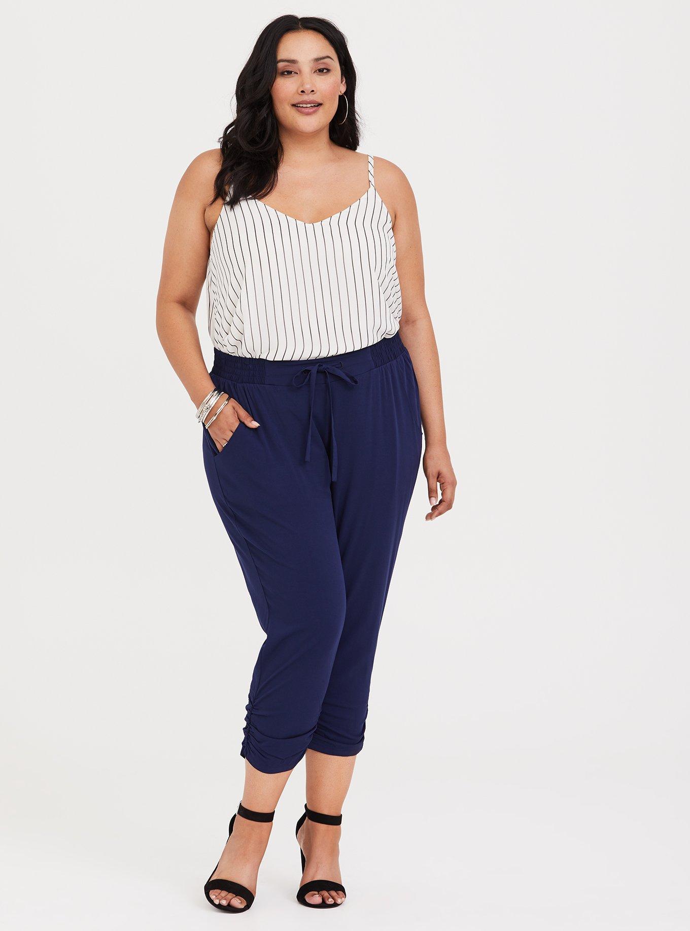 Navy Ruched Stretch Challis Jogger, INK, hi-res