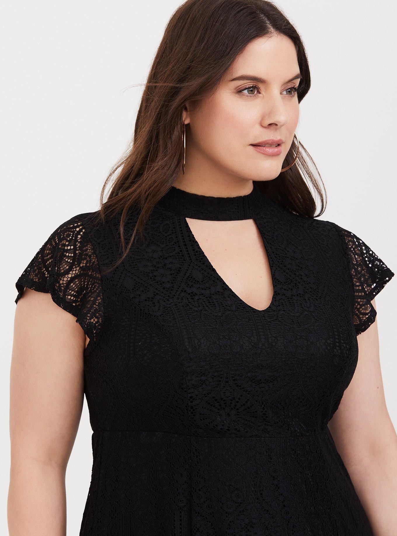 Torrid 6 Black High Lace Neck Button Keyhole Back Of Neck Lace 3/4 Sleeve outlet Top