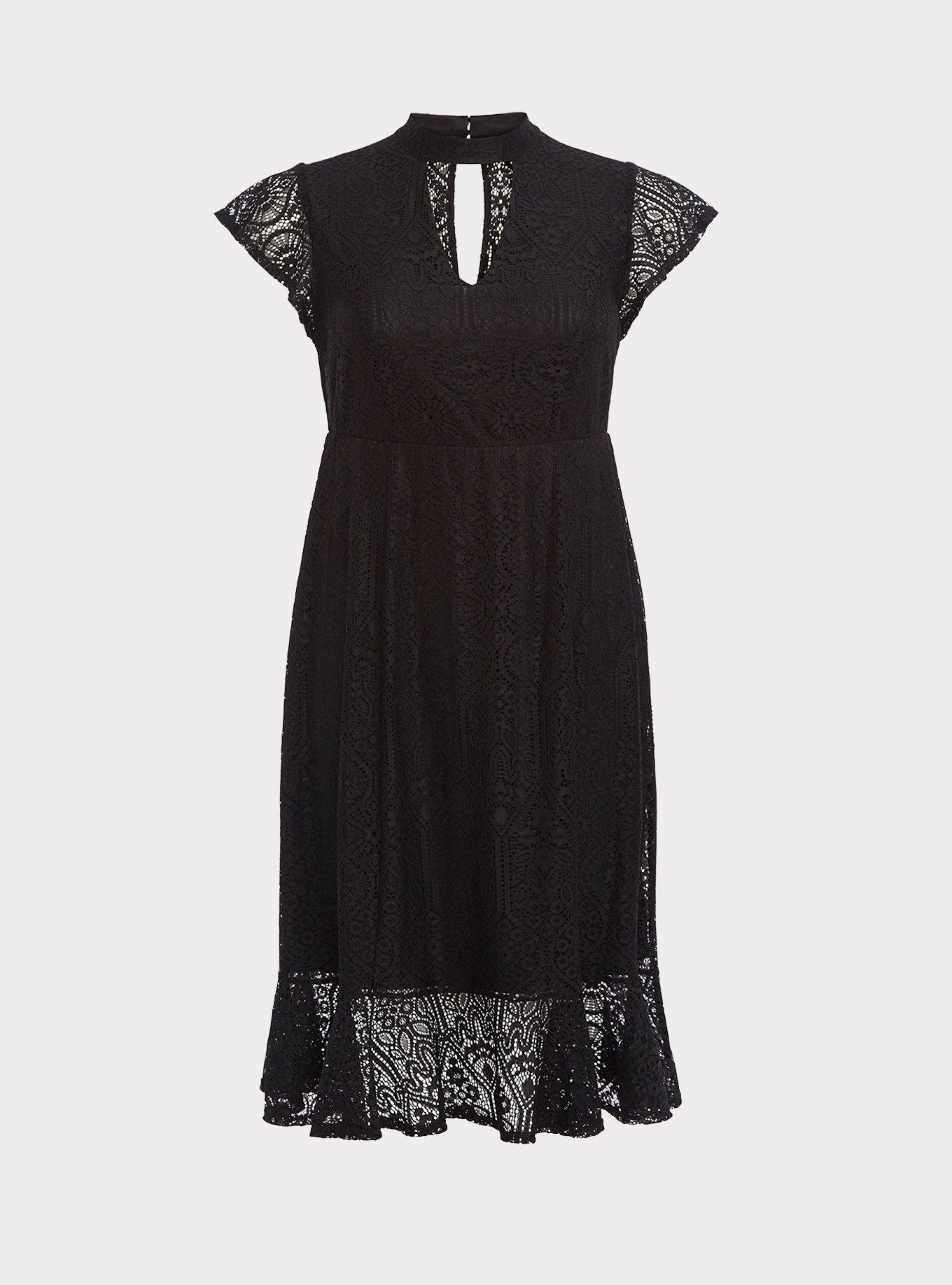 Black Choker Neck Lace Dress, DEEP BLACK, hi-res