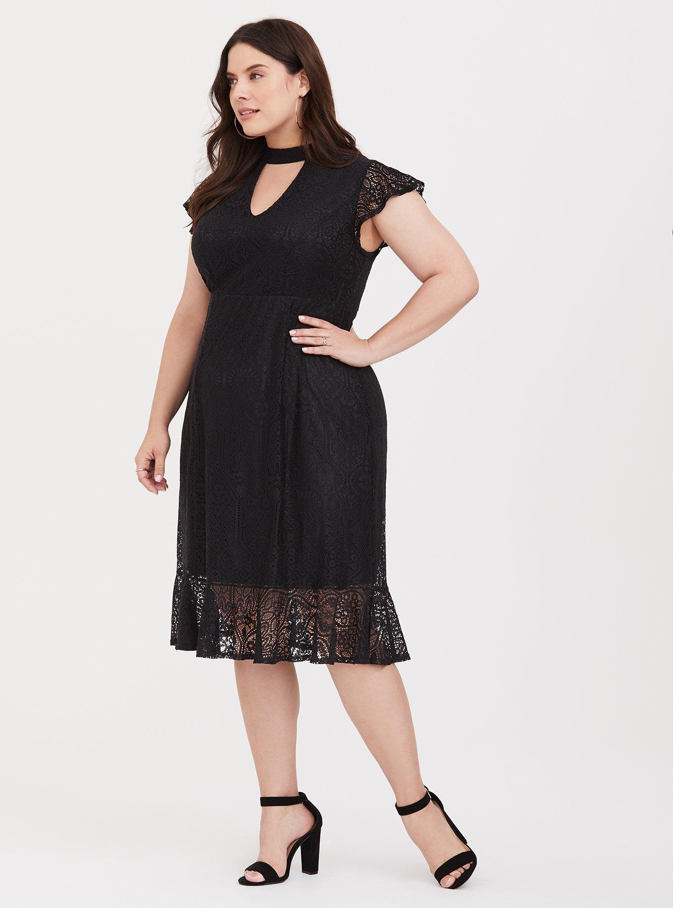 Black Choker Neck Lace Dress, DEEP BLACK, hi-res