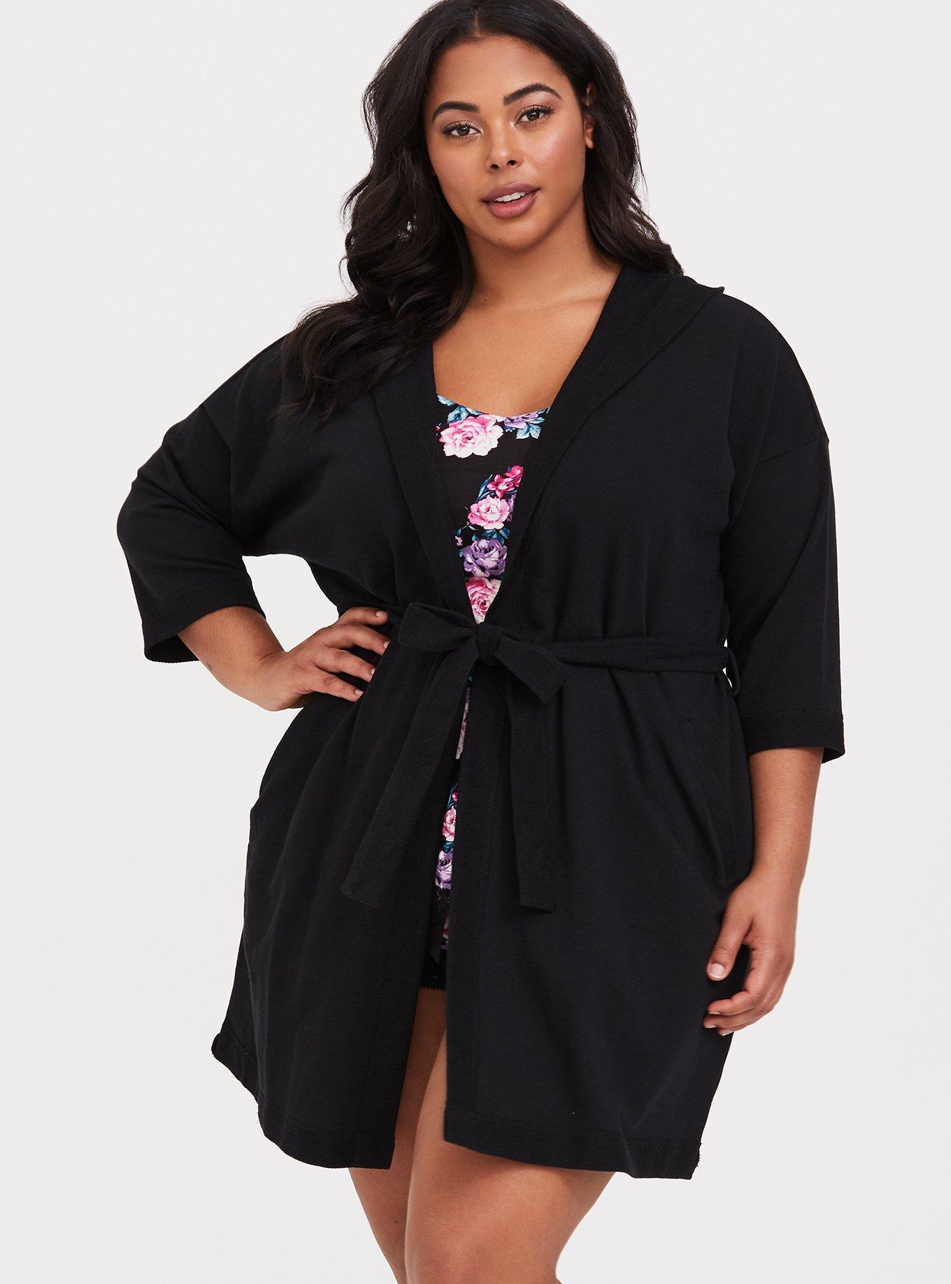 Plus Size Black Hooded French Terry Sleep Robe Torrid