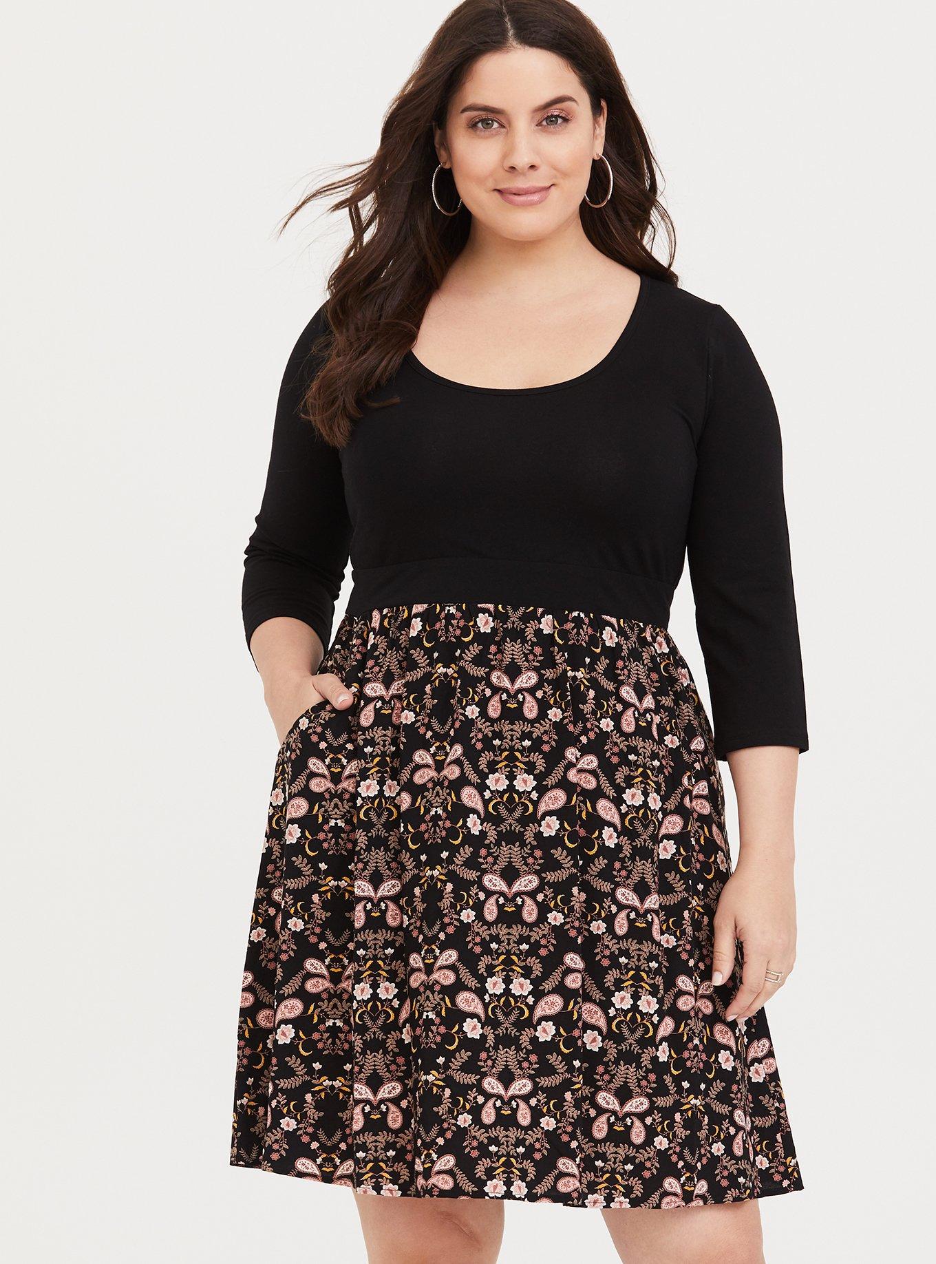 Plus Size Mini Challis And Knit Skater Dress, PAISLEY BUD FLORAL, alternate