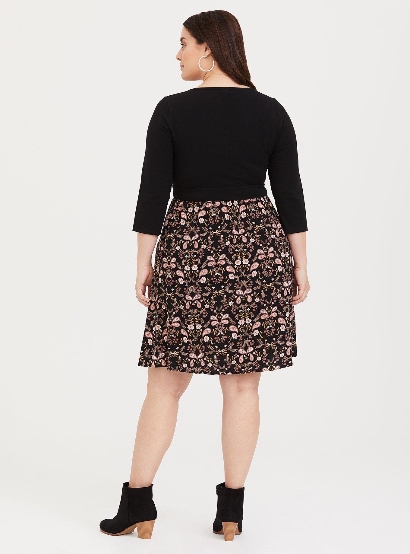 Plus Size Mini Challis And Knit Skater Dress, PAISLEY BUD FLORAL, alternate