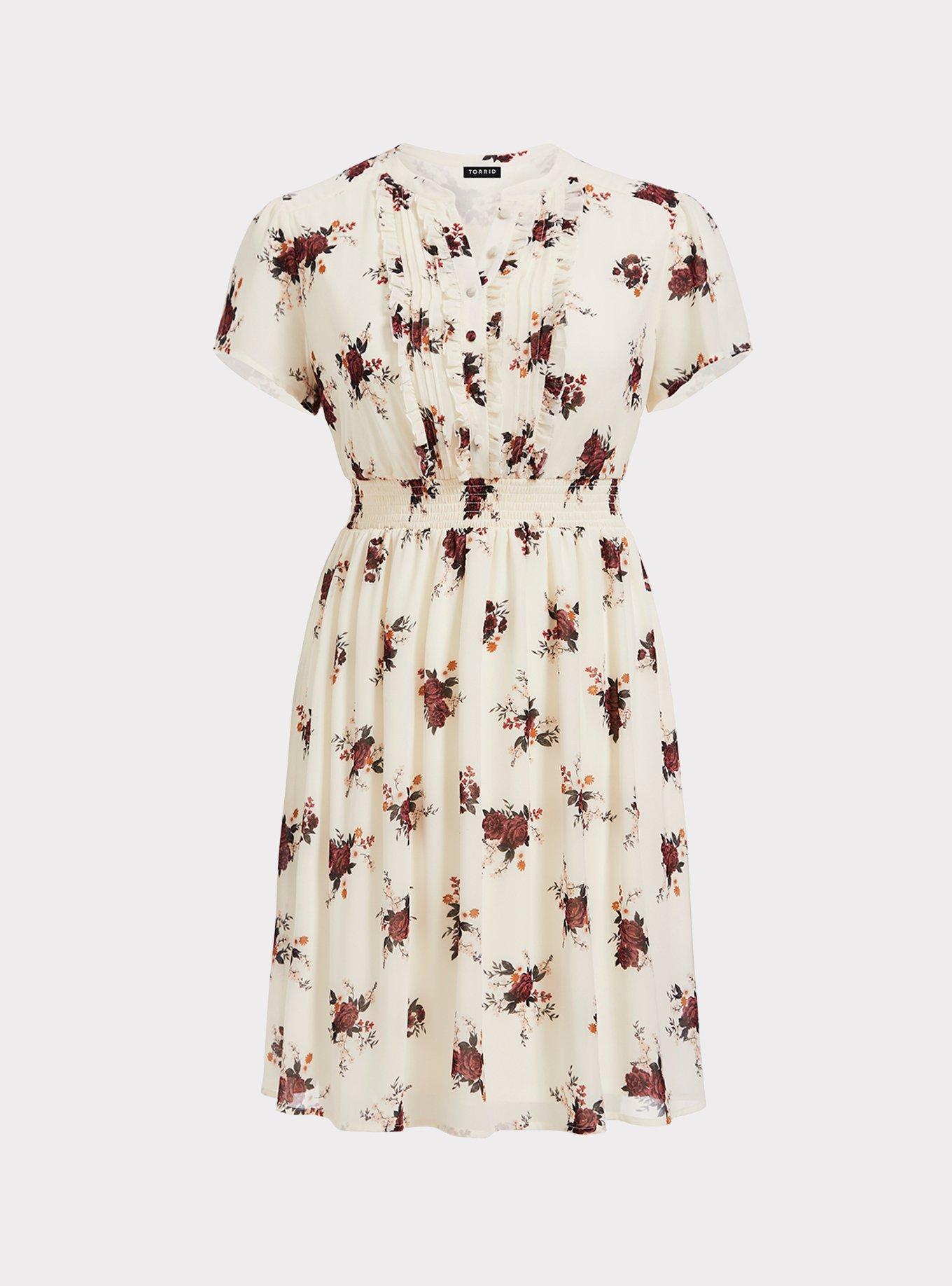 Plus Size - Ivory Floral Smocked Chiffon Dress - Torrid