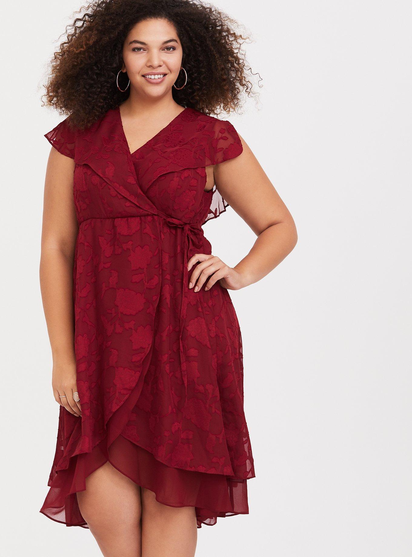 Red Burnout Chiffon Wrap Dress, , alternate