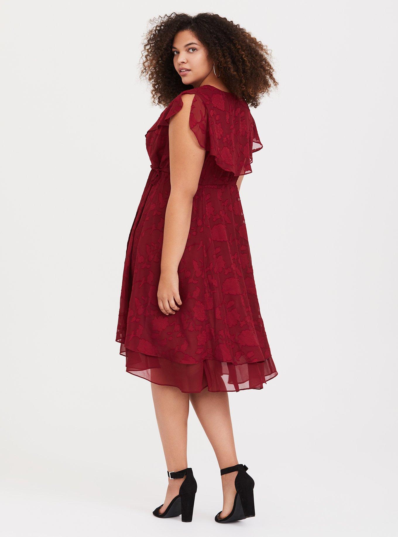Red Burnout Chiffon Wrap Dress, , alternate
