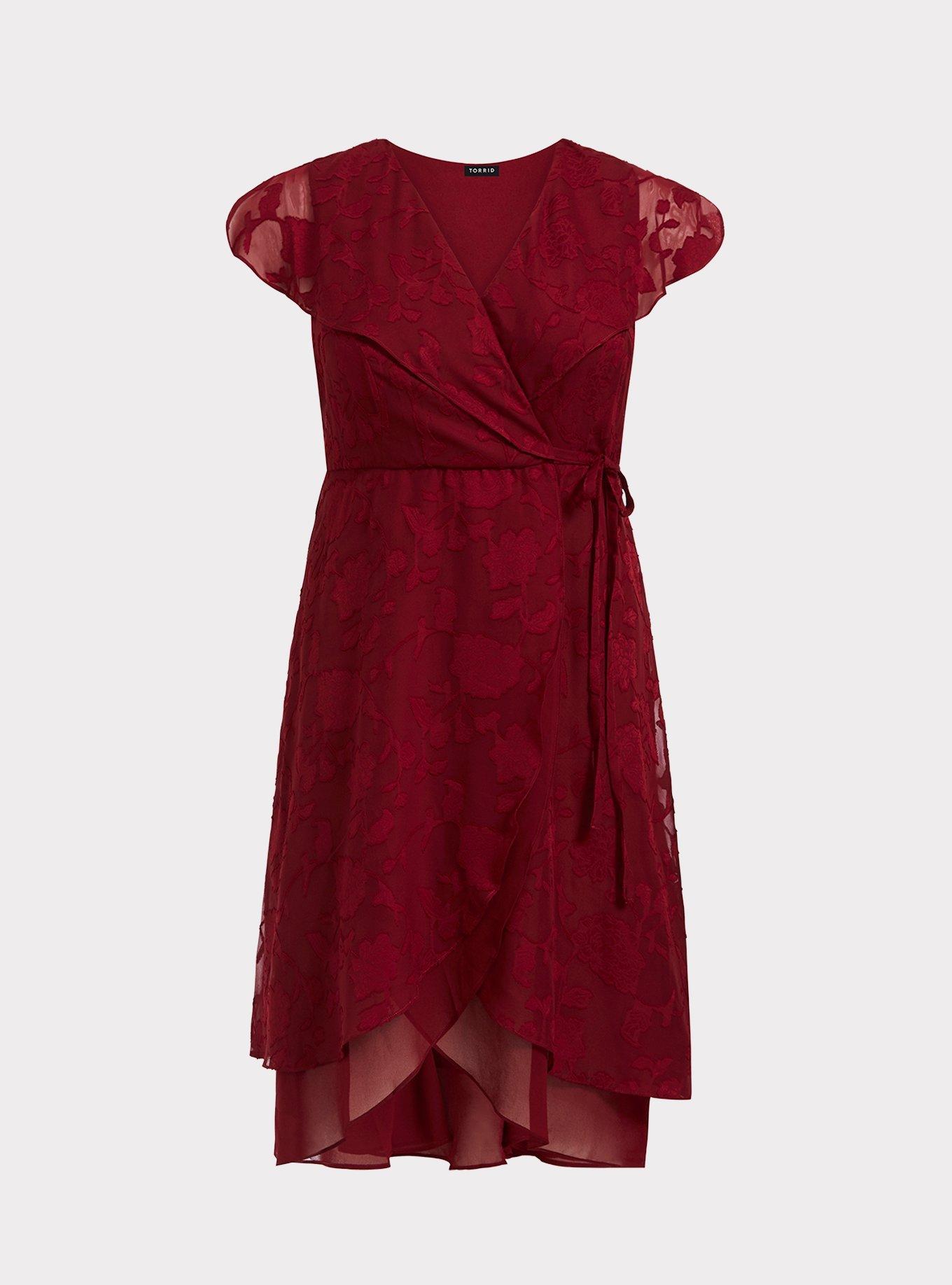 Red Burnout Chiffon Wrap Dress, , hi-res