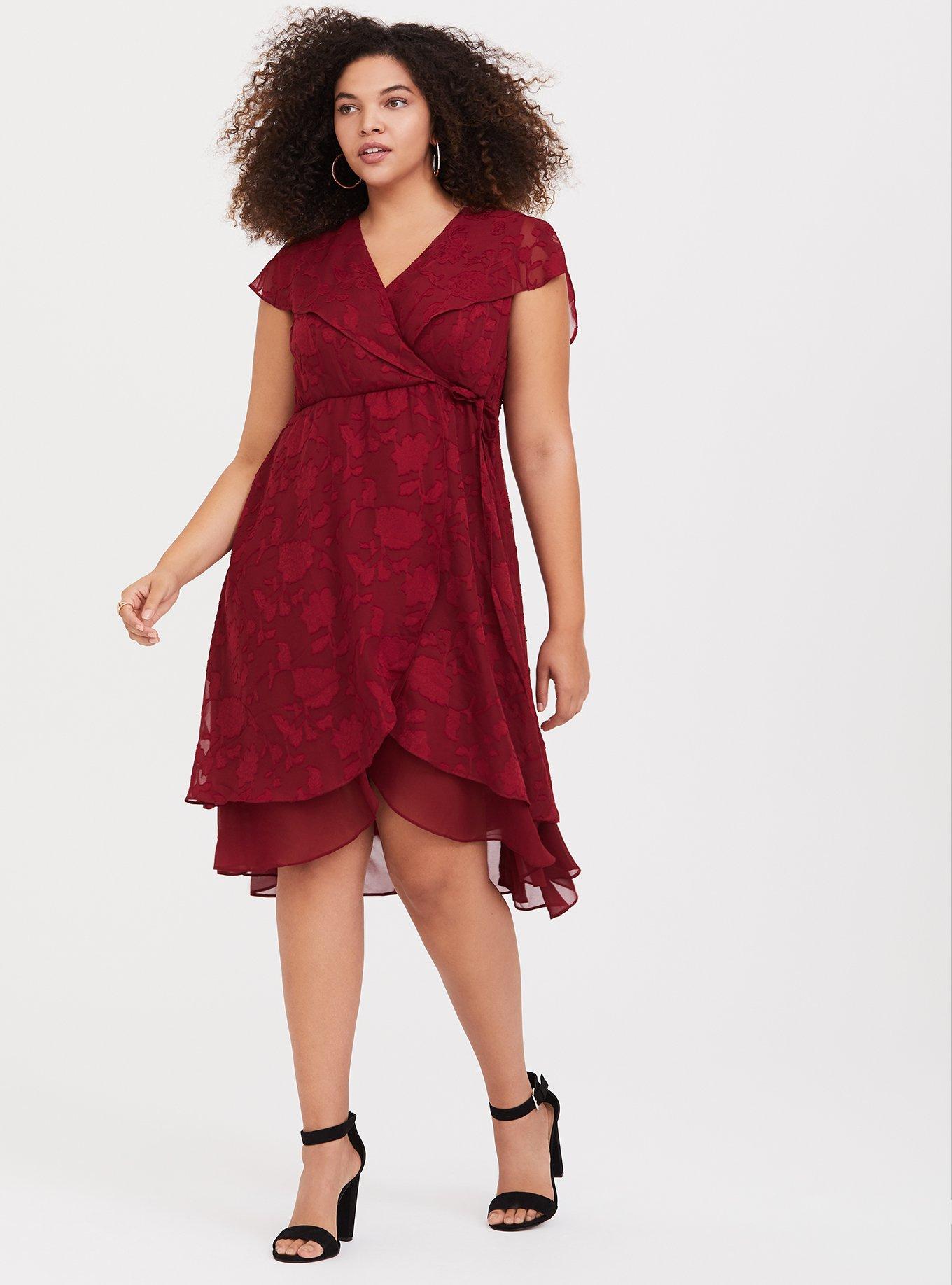 Red Burnout Chiffon Wrap Dress, , hi-res