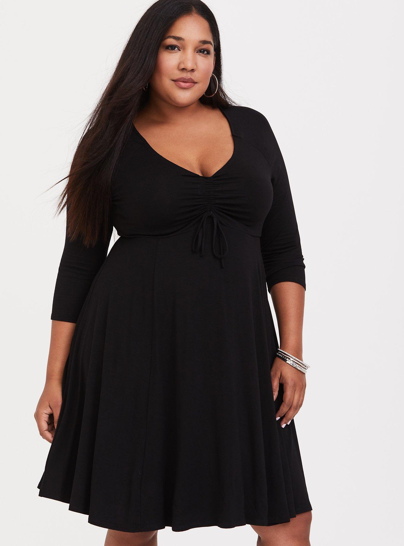 Black Ruched Skater Dress, DEEP BLACK, alternate