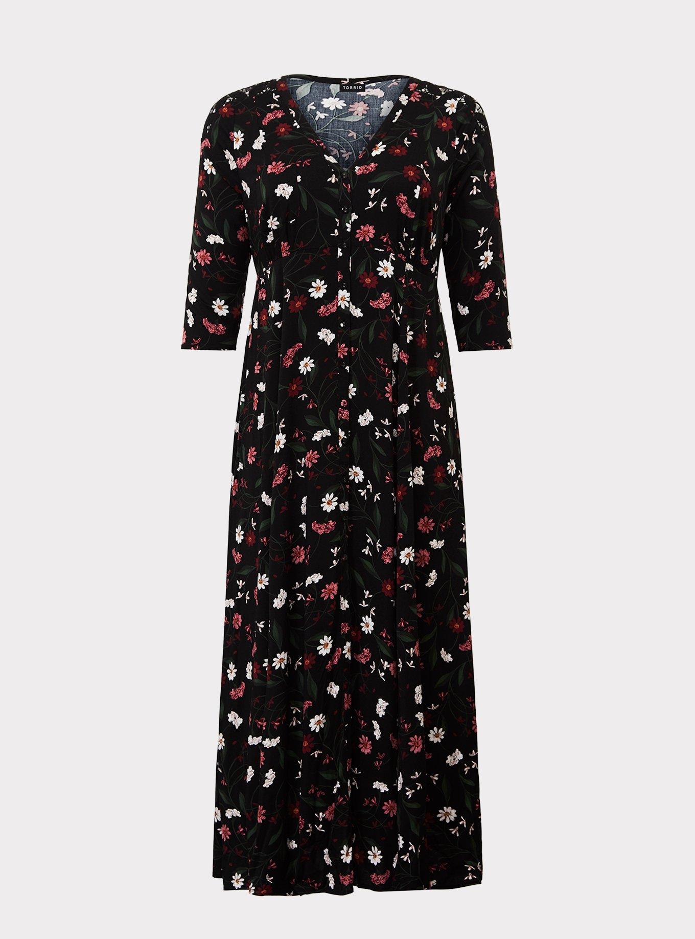 Black Floral Challis Lace Maxi Shirt Dress, , hi-res