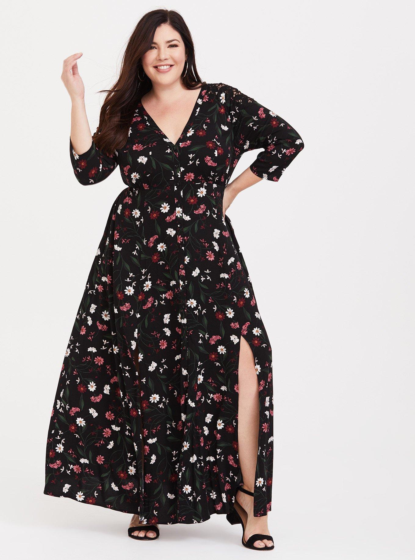 Black Floral Challis Lace Maxi Shirt Dress, , hi-res
