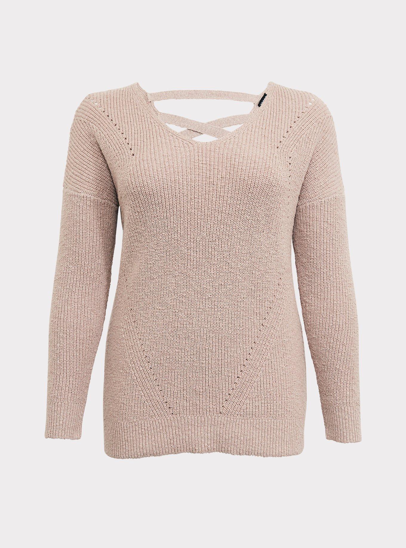 Pullover Tunic Cross Back Sweater, TAUPE, hi-res