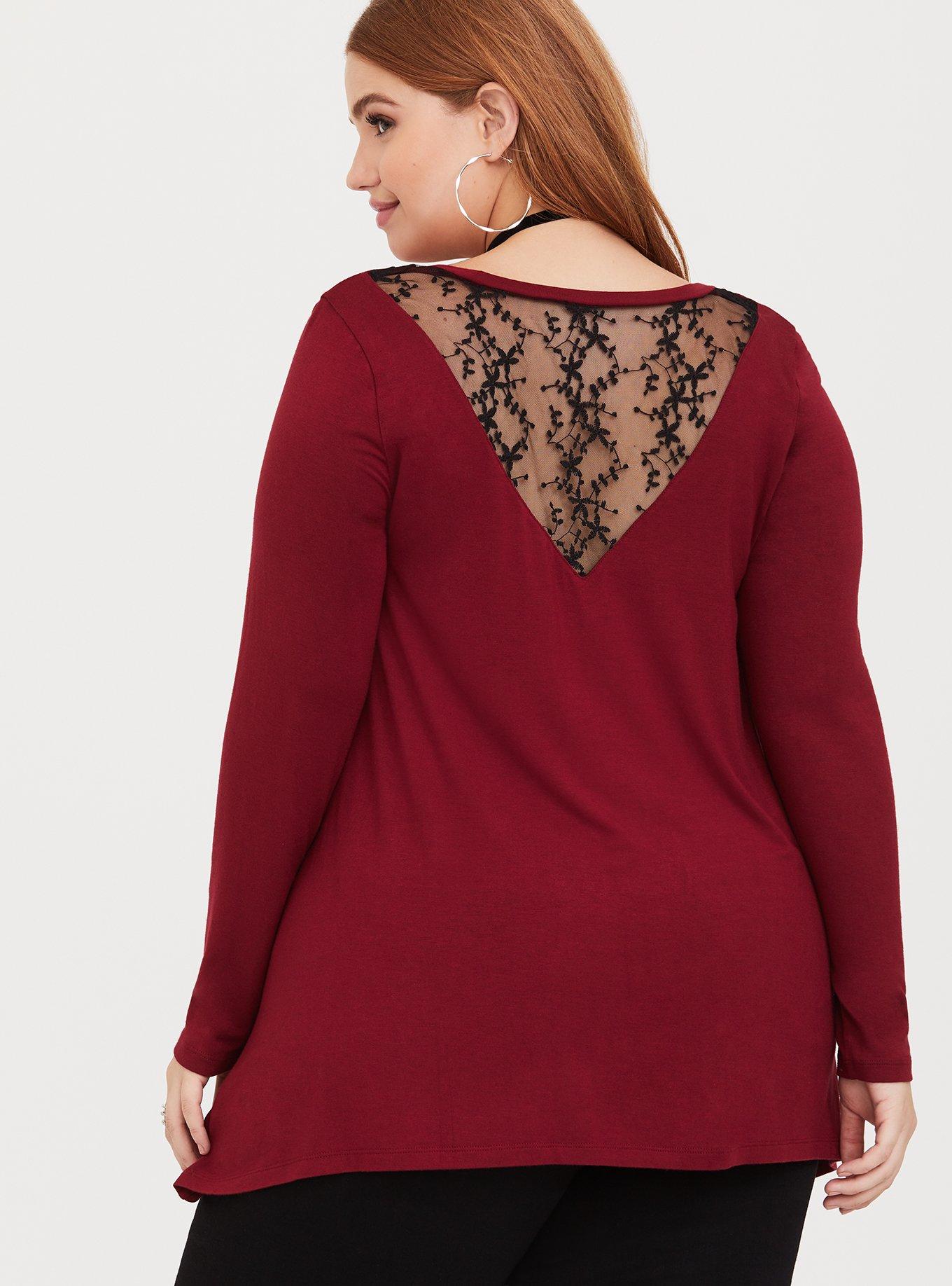Plus Size Super Soft Red Lace Inset Tee, RED FERN, alternate