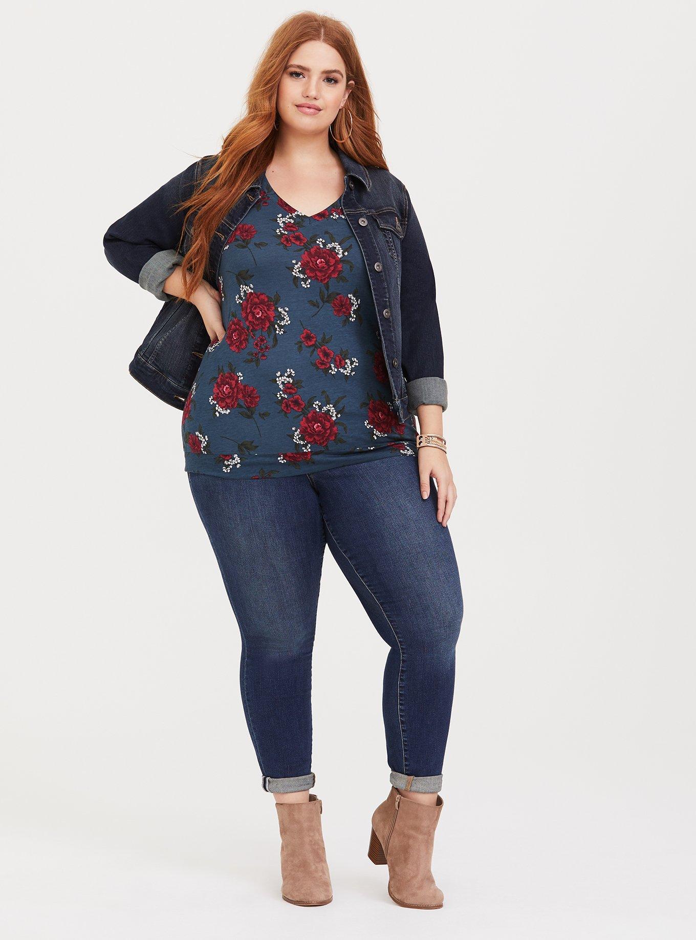 Knit V-Neck Banded Bottom Tee, ROYAL BOUQUET, alternate