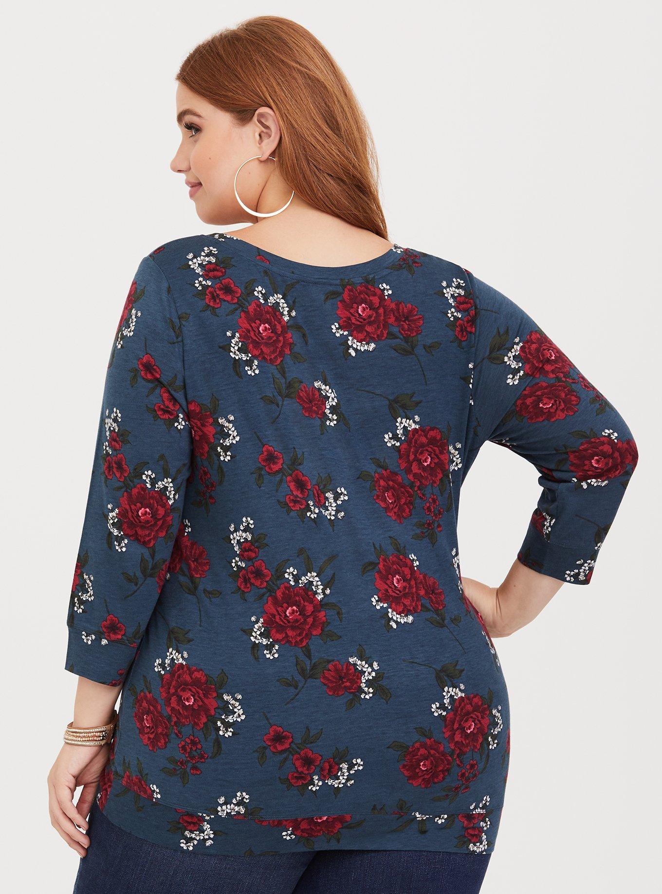 Knit V-Neck Banded Bottom Tee, ROYAL BOUQUET, alternate