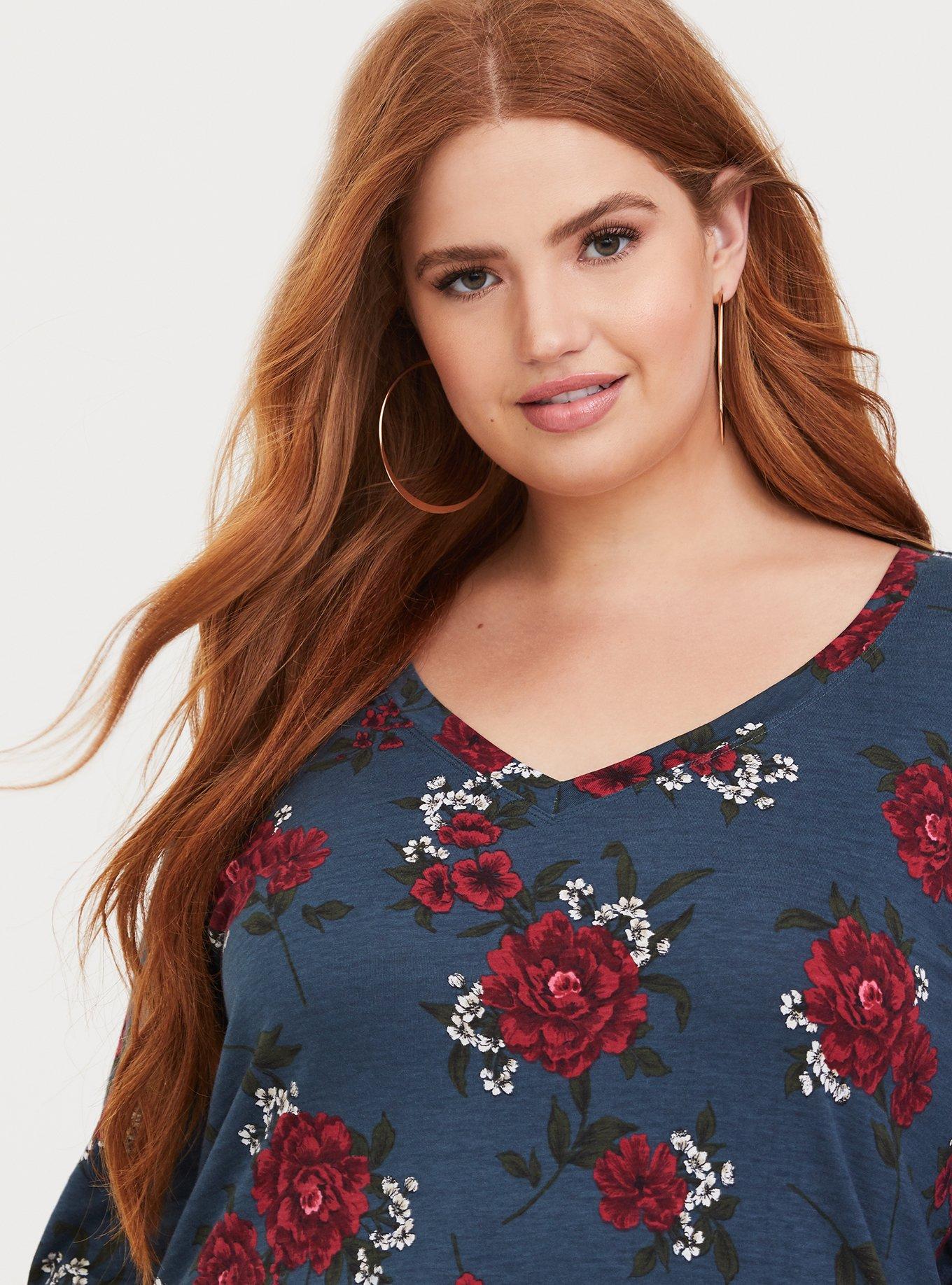 Knit V-Neck Banded Bottom Tee, ROYAL BOUQUET, alternate