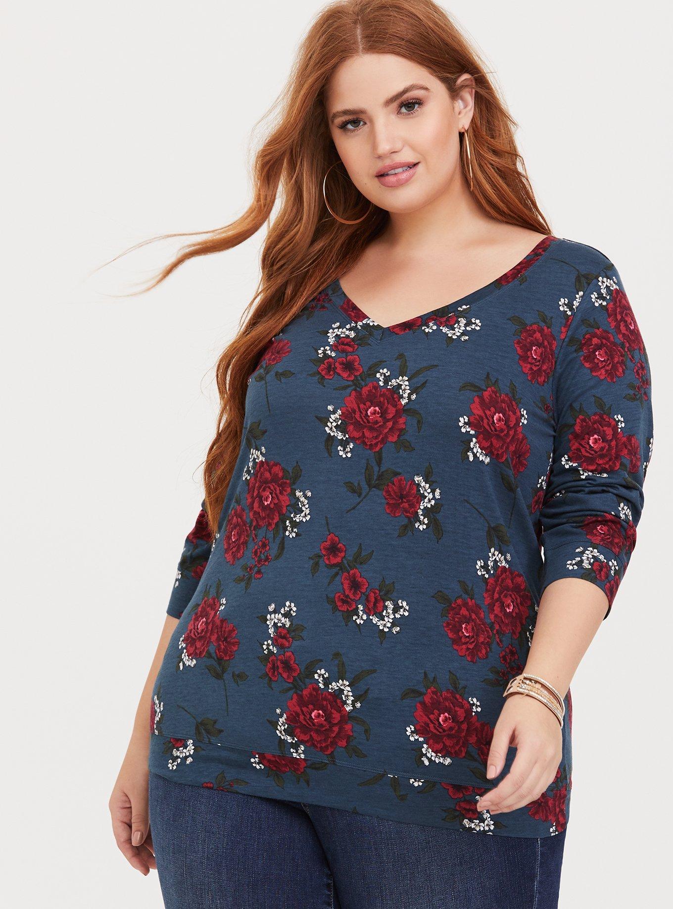 Knit V-Neck Banded Bottom Tee, ROYAL BOUQUET, hi-res