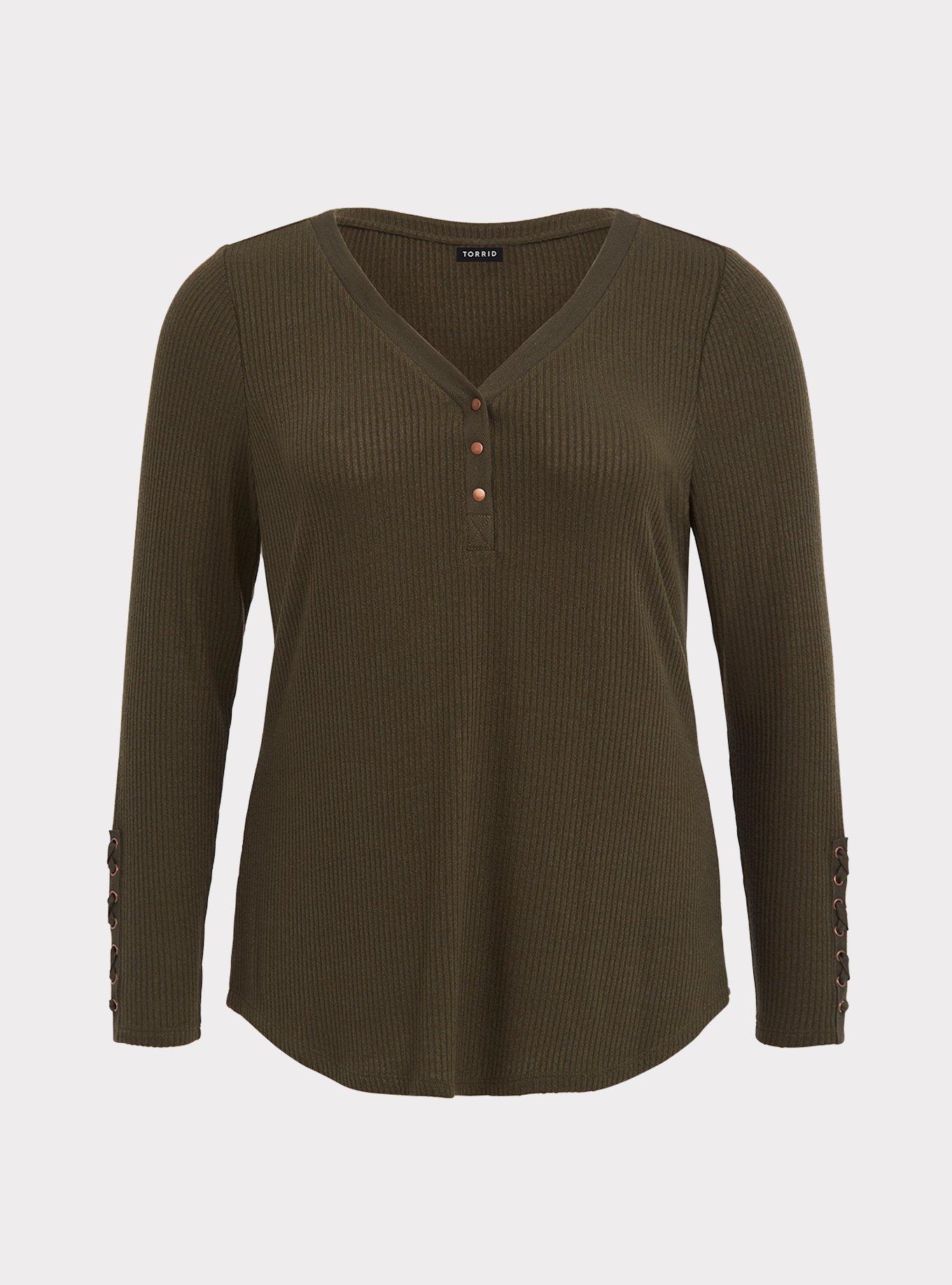 Plus Size - Olive Ribbed Henley Tee - Torrid