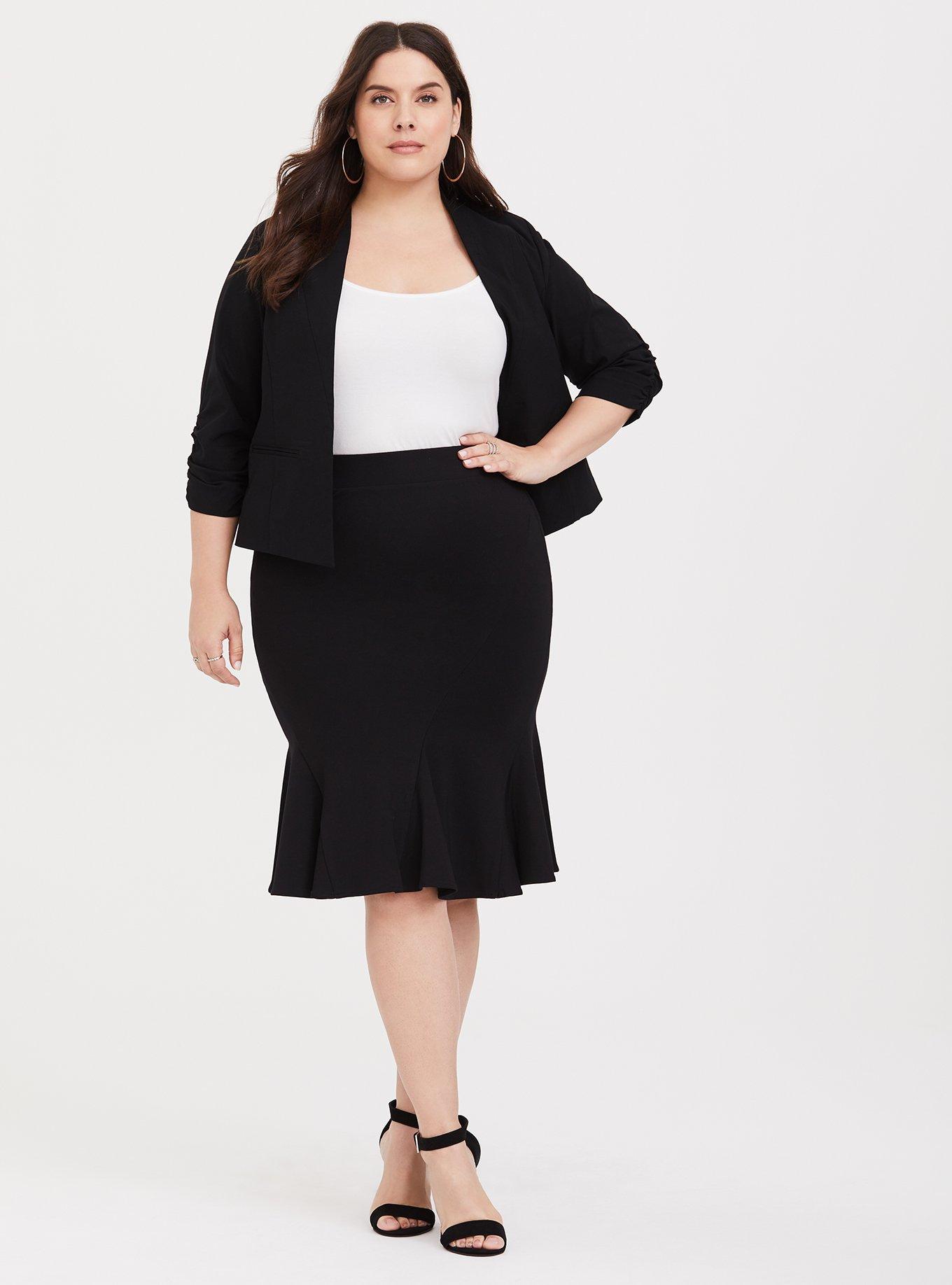 Midi Studio Luxe Ponte Flounce Pencil Skirt, DEEP BLACK, alternate