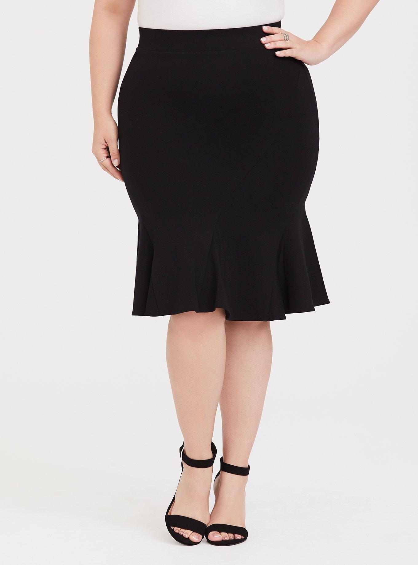 Midi Studio Luxe Ponte Flounce Pencil Skirt, DEEP BLACK, hi-res