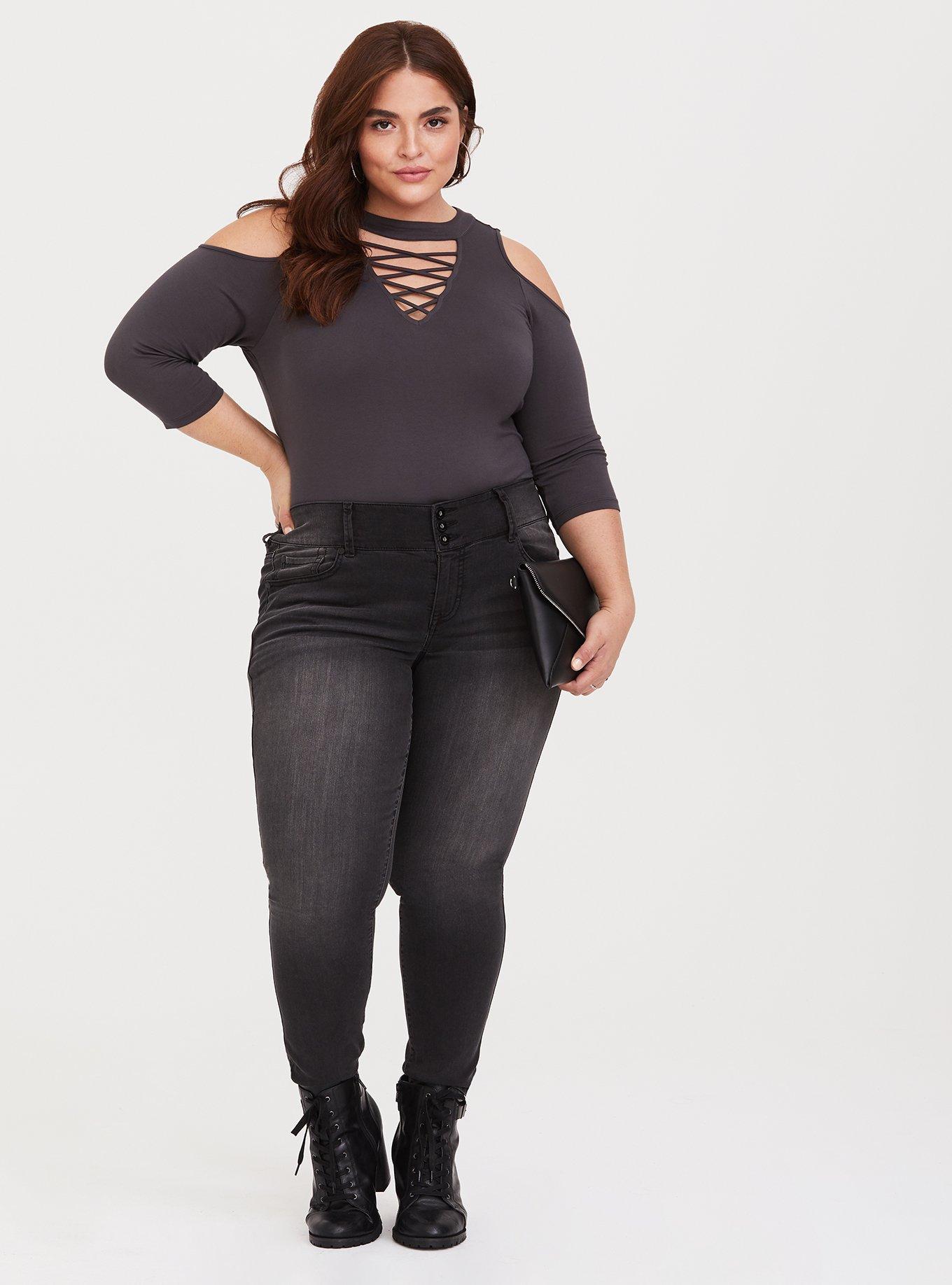 Plus Size Super Soft V-Neck Lace-Up Cold Shoulder Long Sleeve Tee, CHARCOAL, alternate