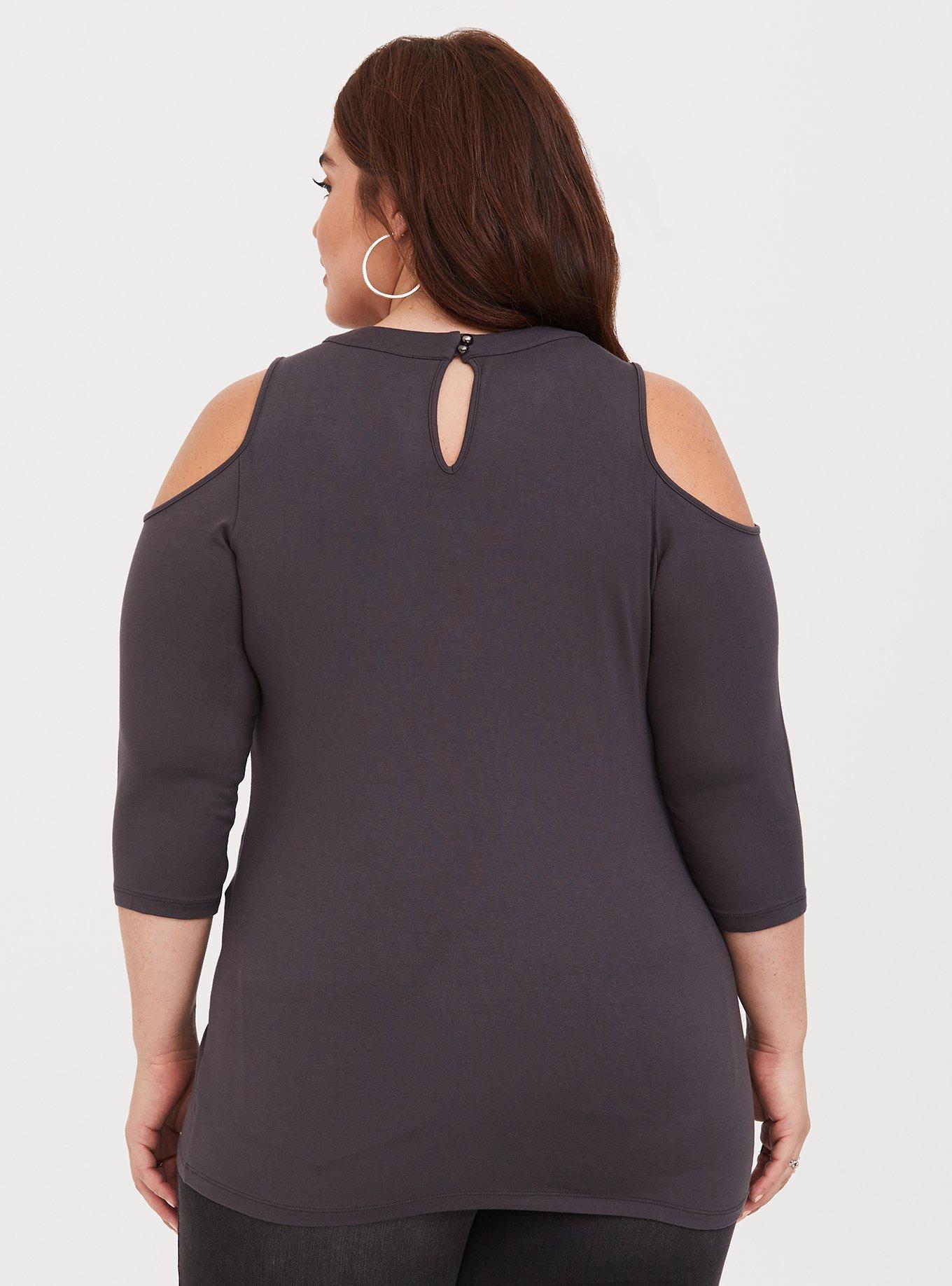 Plus Size Super Soft V-Neck Lace-Up Cold Shoulder Long Sleeve Tee, CHARCOAL, alternate