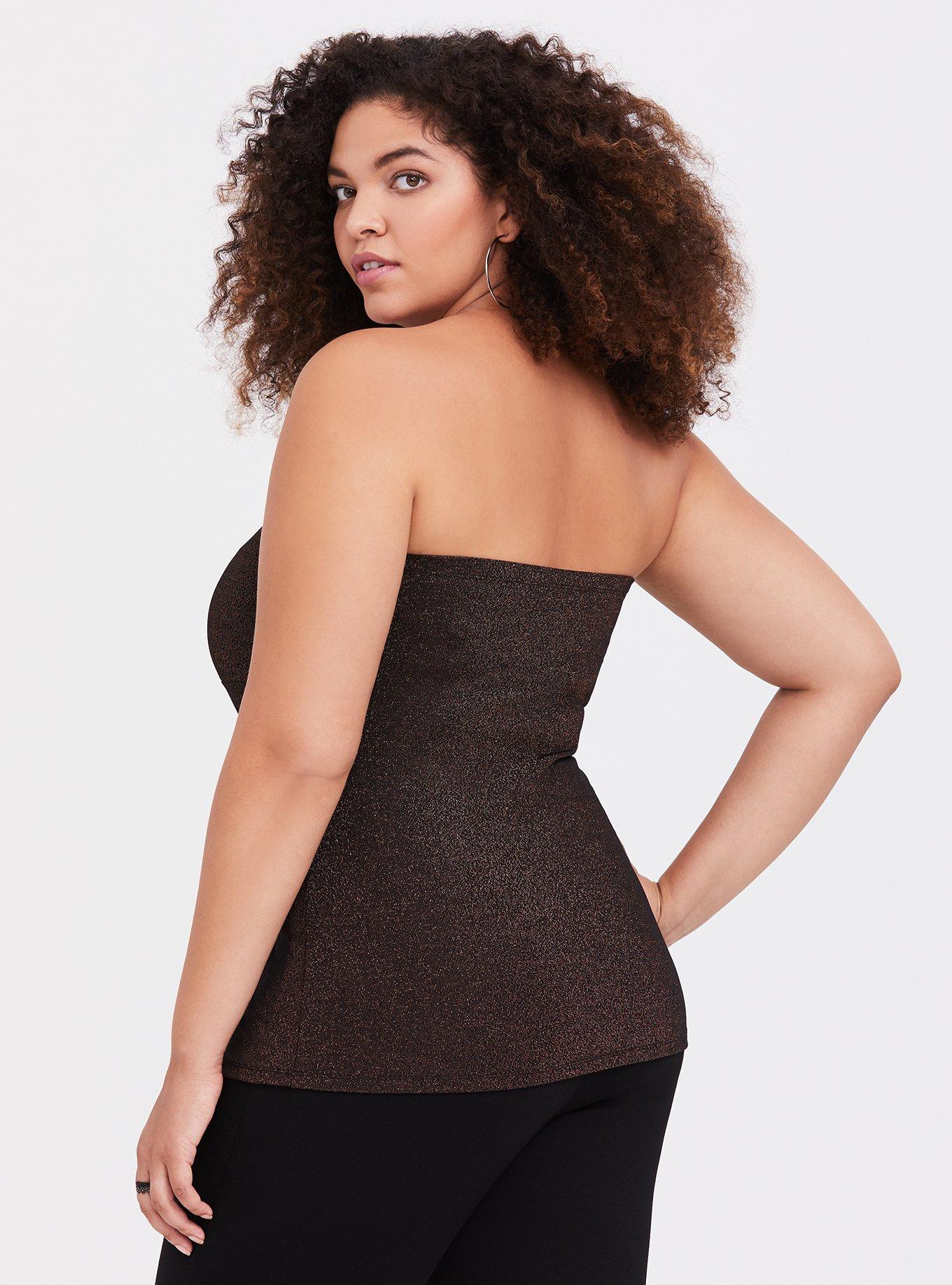 Plus Size Metallic Knit Ruched Tube Top, DEEP BLACK, alternate