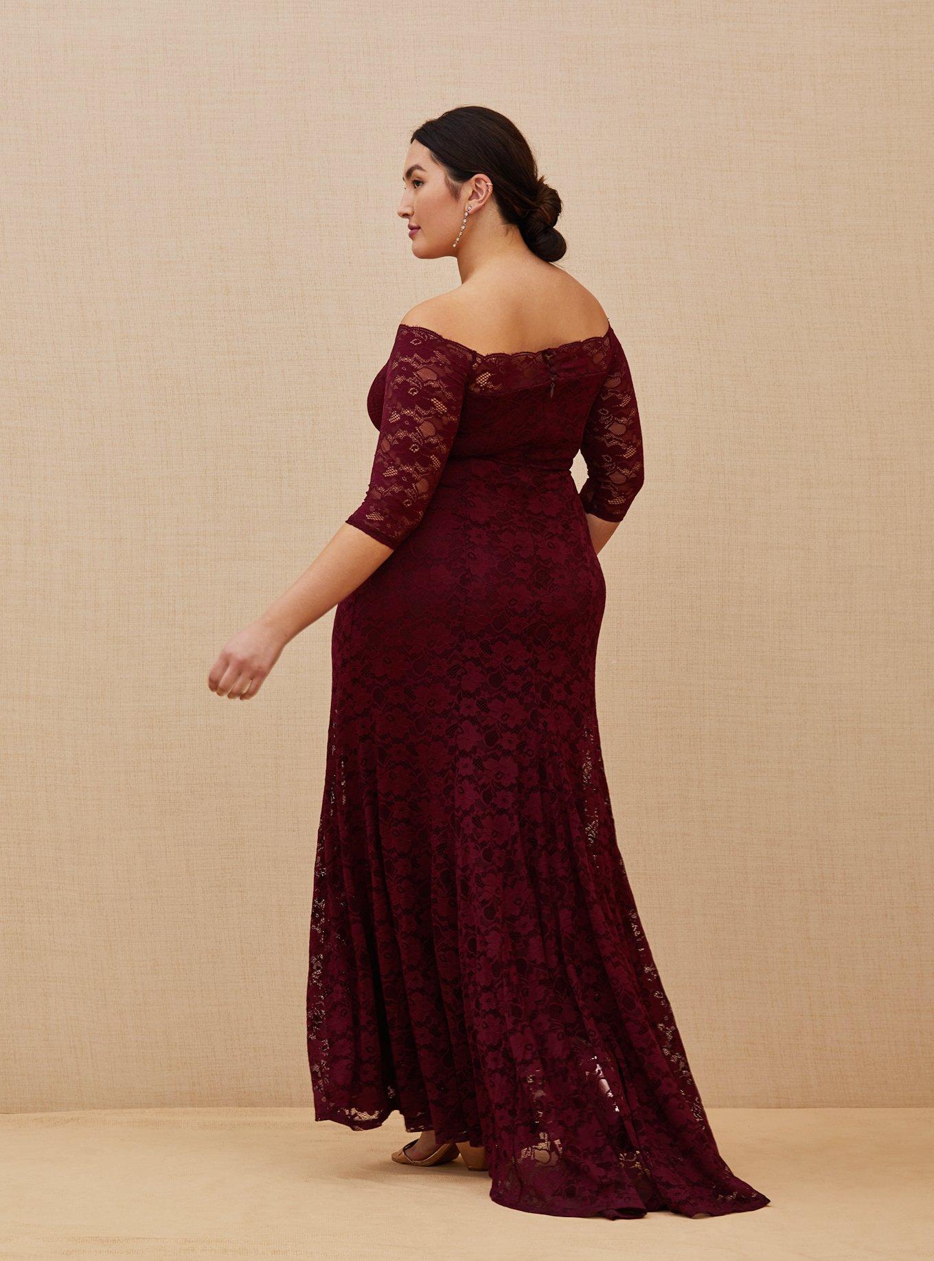 Special Occasion Burgundy Red Lace Off Shoulder Maxi Dress, BURGUNDY, alternate