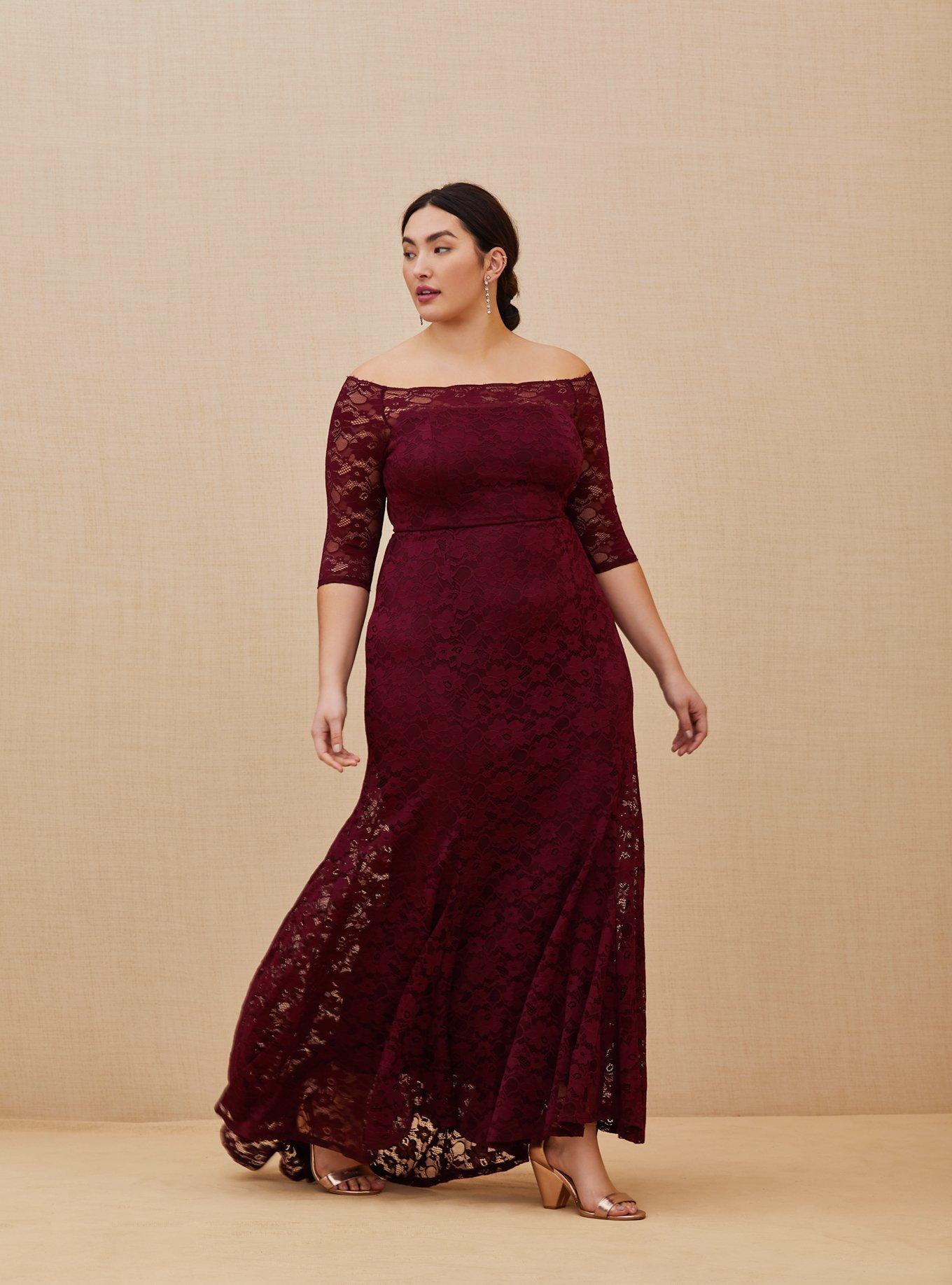 Plus Size - Special Occasion Burgundy Red Lace Off Shoulder Maxi Dress -  Torrid