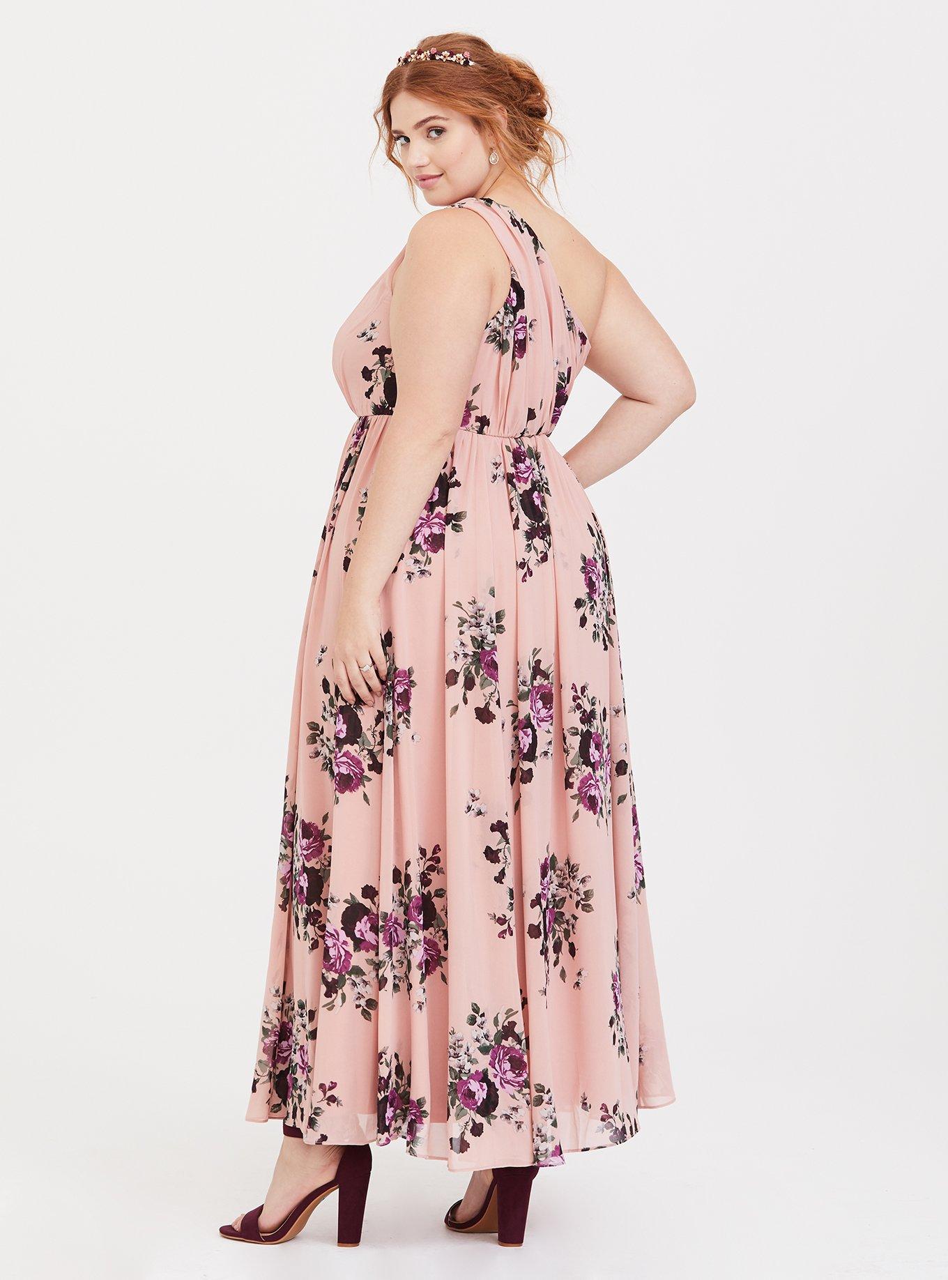 Plus Size - Special Occasion Pink Floral One Shoulder Chiffon Gown - Torrid