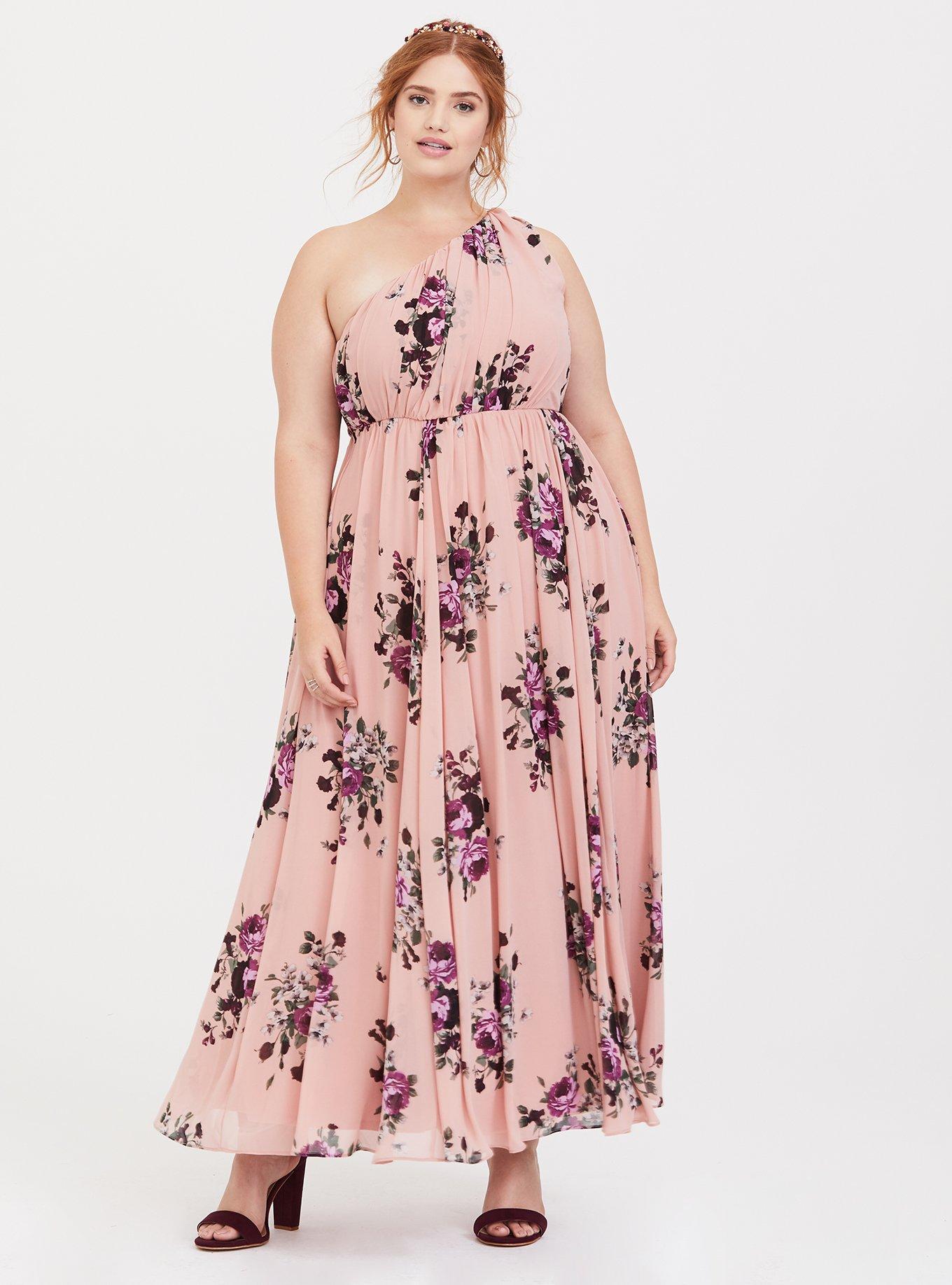 Plus Size - Special Occasion Pink Floral One Shoulder Chiffon Gown - Torrid