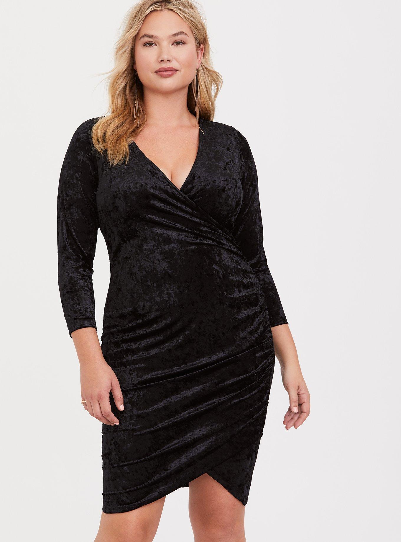 Plus Size Black Velvet Bodycon Dress, DEEP BLACK, alternate