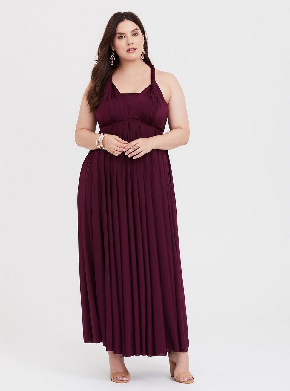 Plus Size - Special Occasion Burgundy Shiny Knit Convertible Maxi Dress ...