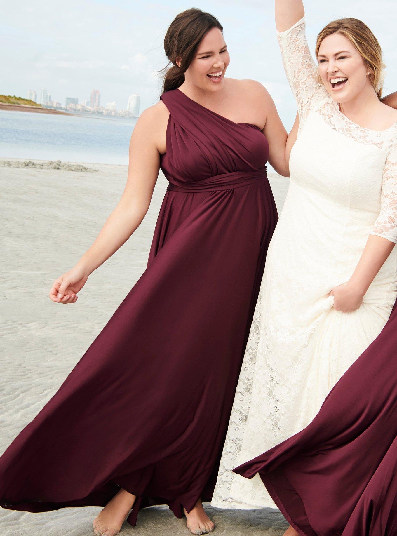 Plus Size Special Occasion Burgundy Shiny Knit Convertible Maxi