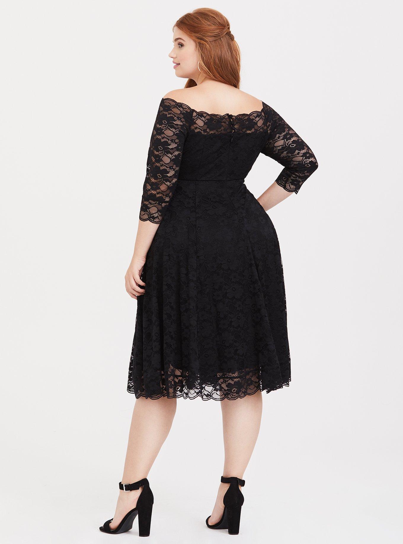 Special Occasion Black Lace Off Shoulder Skater Dress, DEEP BLACK, alternate