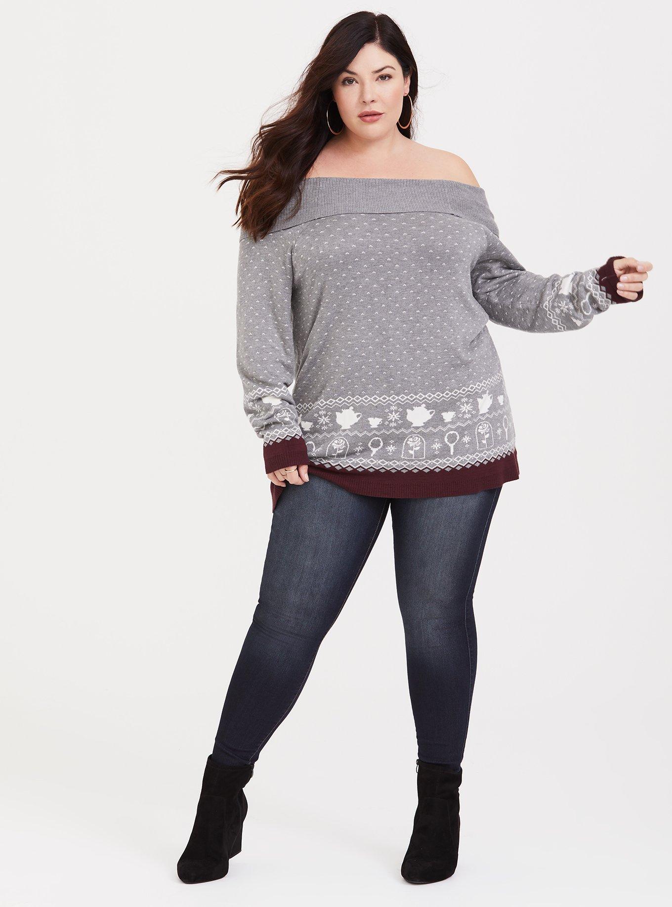 Plus Size Disney Holiday Beauty and the Beast Off Shoulder Sweater, MULTI, alternate