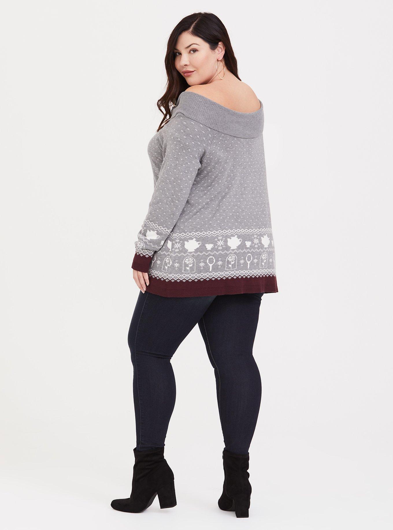 Plus Size Disney Holiday Beauty and the Beast Off Shoulder Sweater, MULTI, alternate