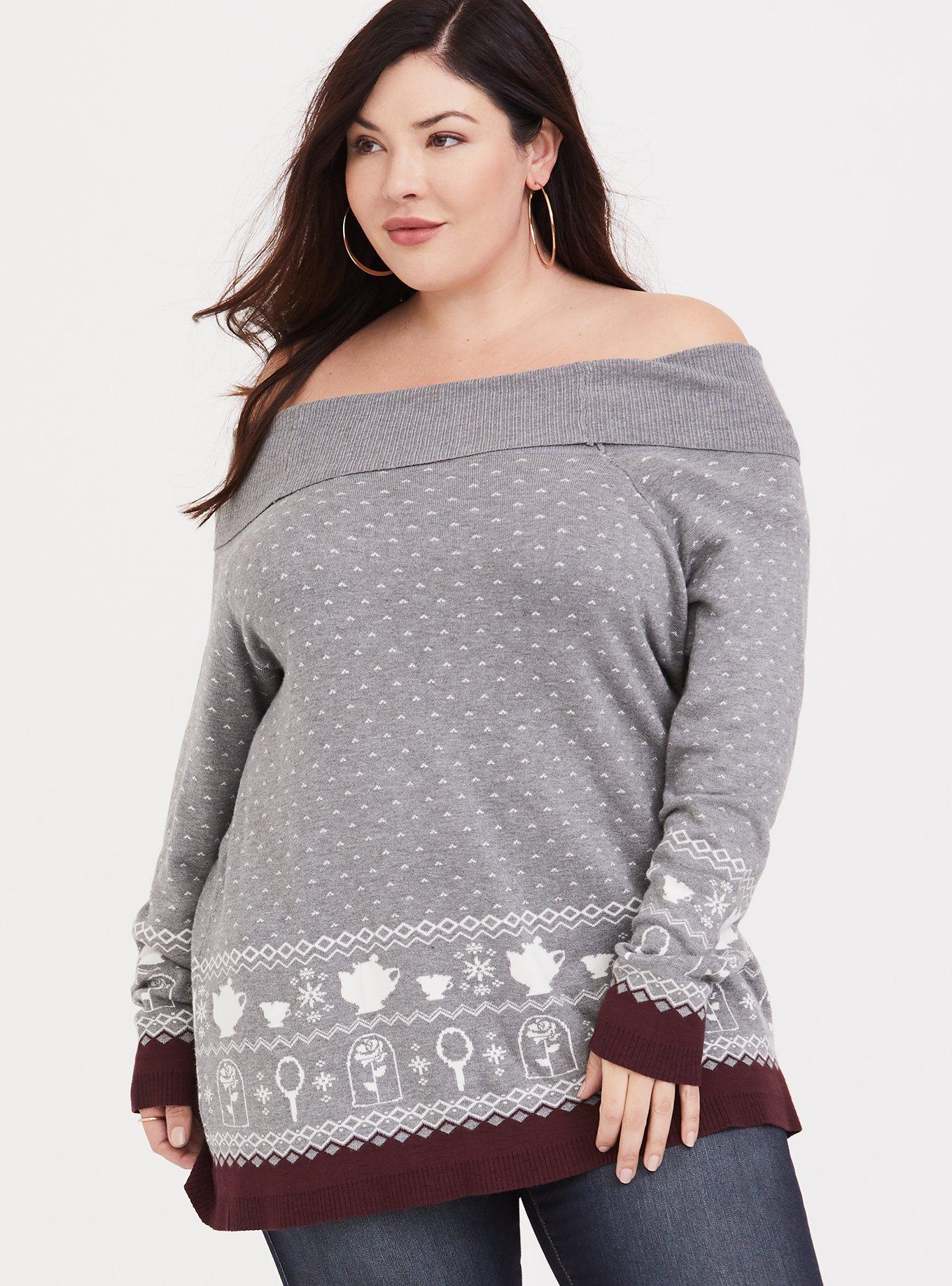 Plus Size Disney Holiday Beauty and the Beast Off Shoulder Sweater, MULTI, hi-res