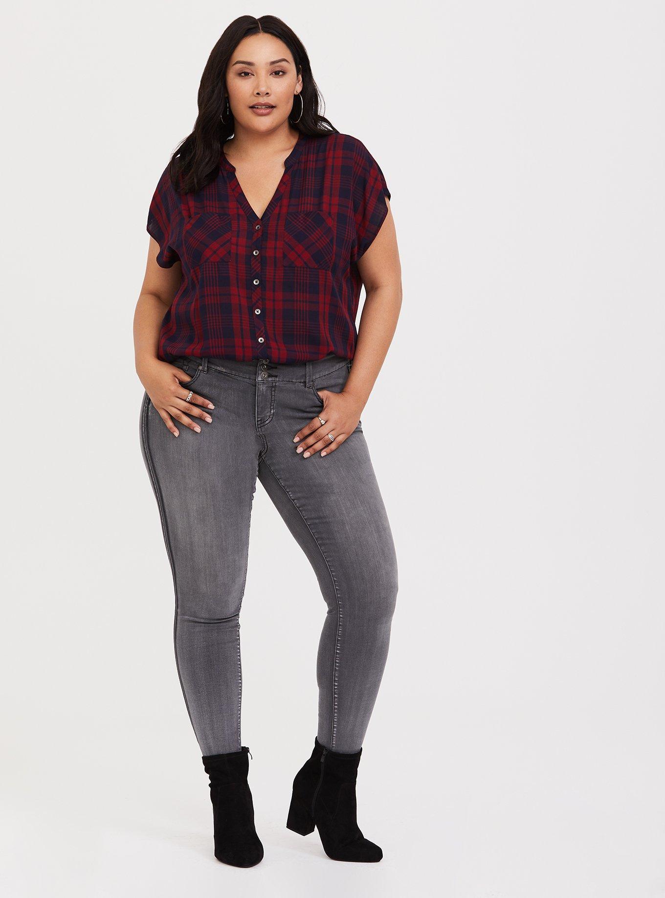 Plus Size Red Plaid Dolman Blouse, MULTI, alternate