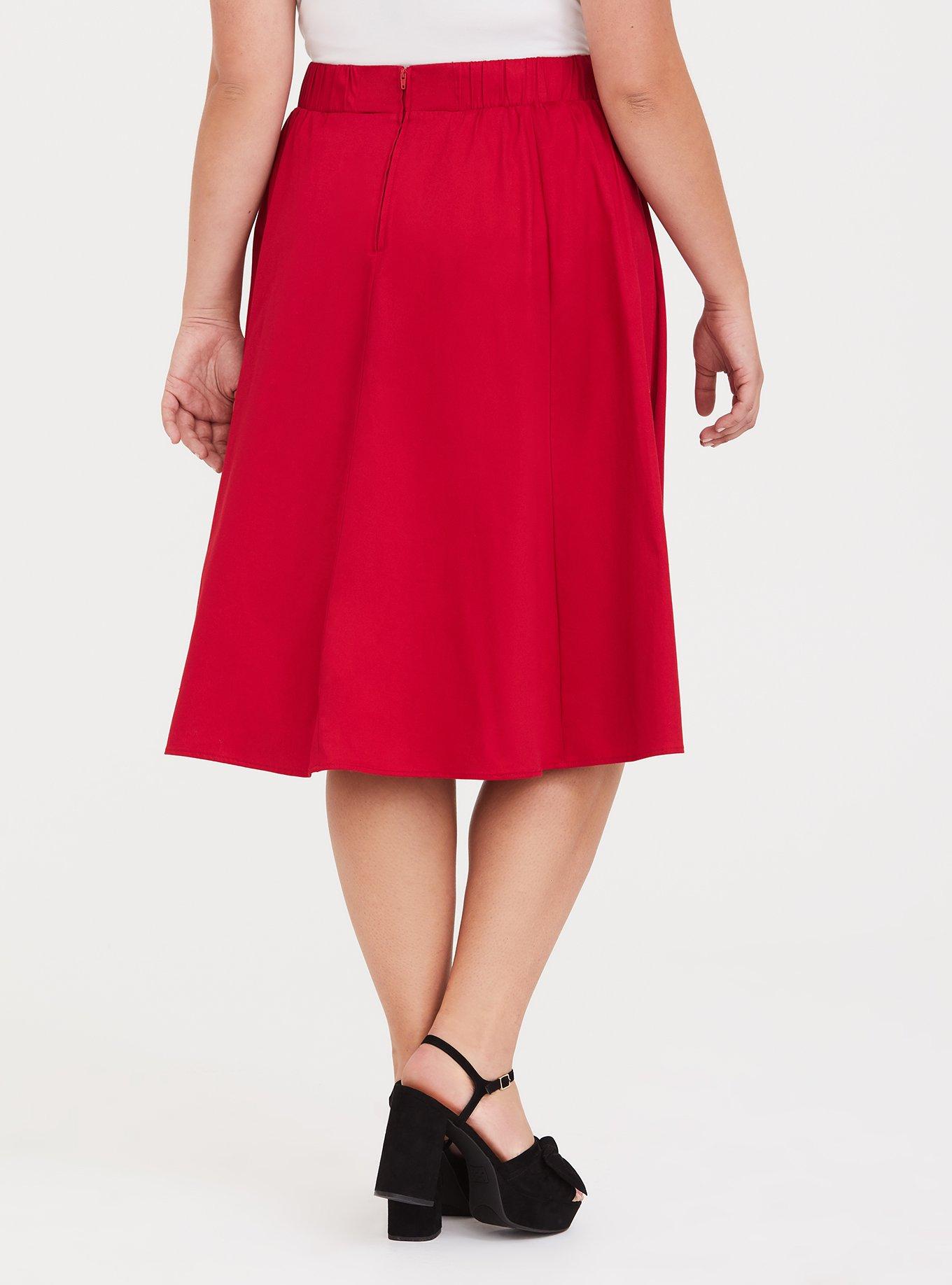 スカート RED VISCOSE MIDI SKIRT Plus Size - Retro Chic Red Midi Swing Skirt - Torrid