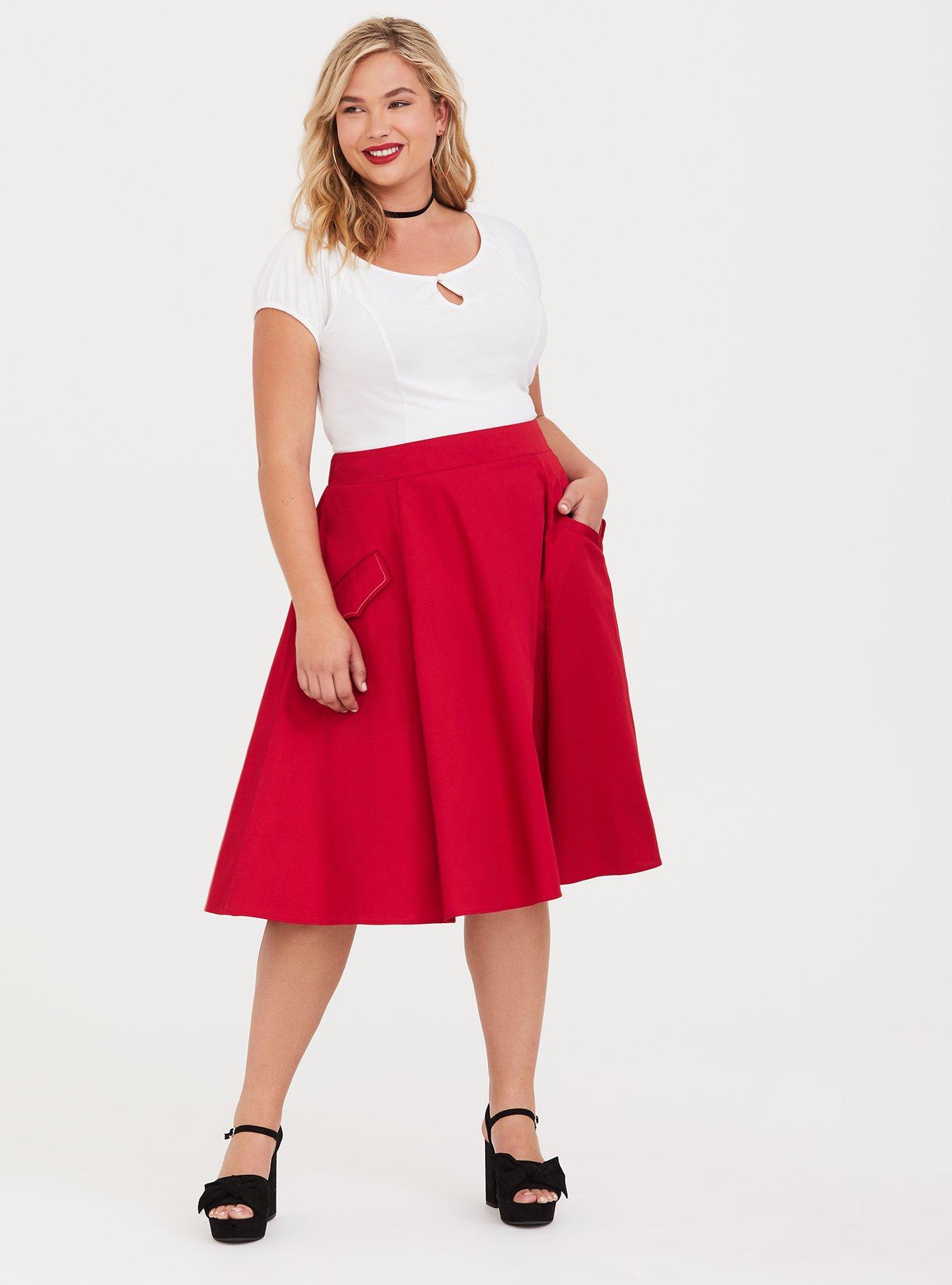 Plus Size Retro Chic Red Midi Swing Skirt Torrid