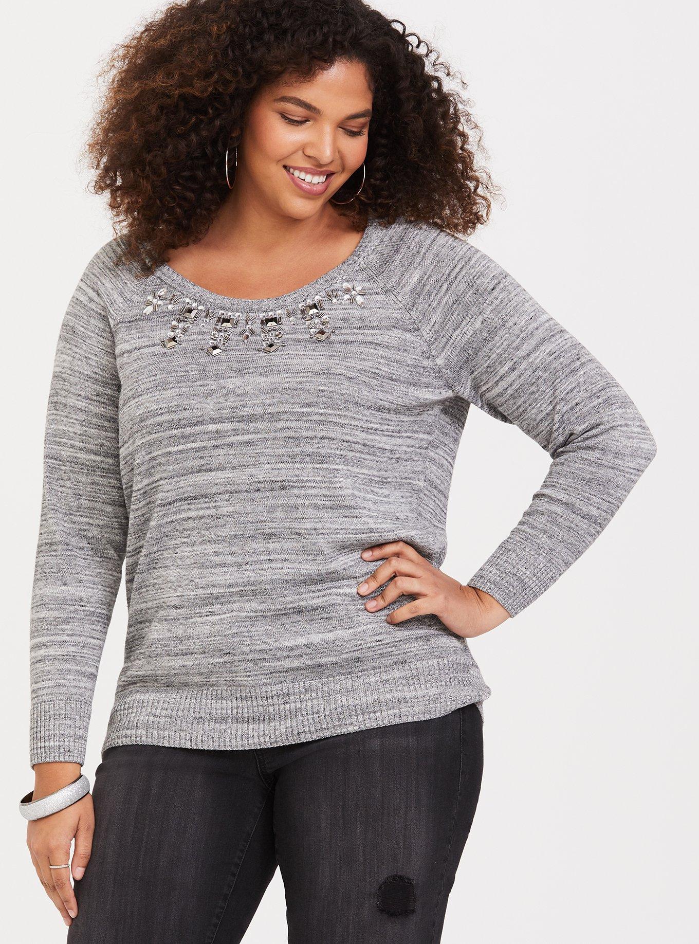 Plus Size - Grey Marled Embellished Pullover Sweater - Torrid