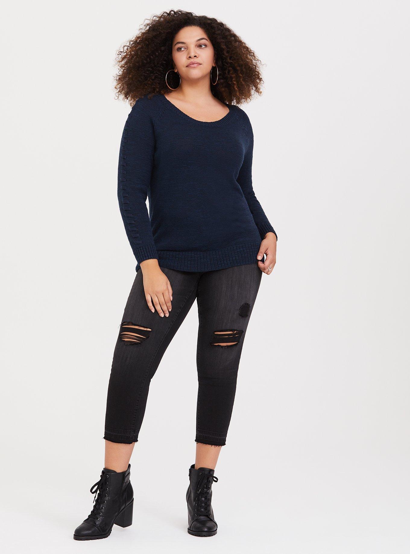 Plus Size Blue Lace-Up Sleeve Pullover, VIVID BLUE, alternate