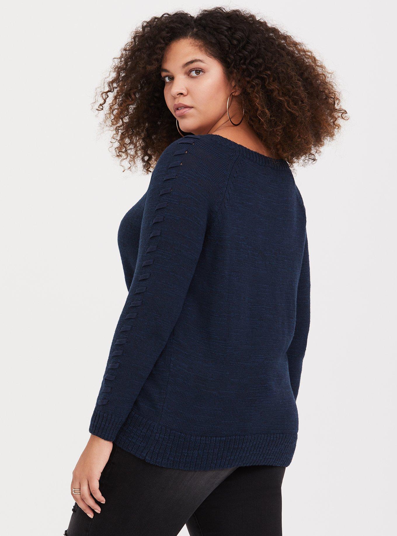 Plus Size Blue Lace-Up Sleeve Pullover, VIVID BLUE, alternate