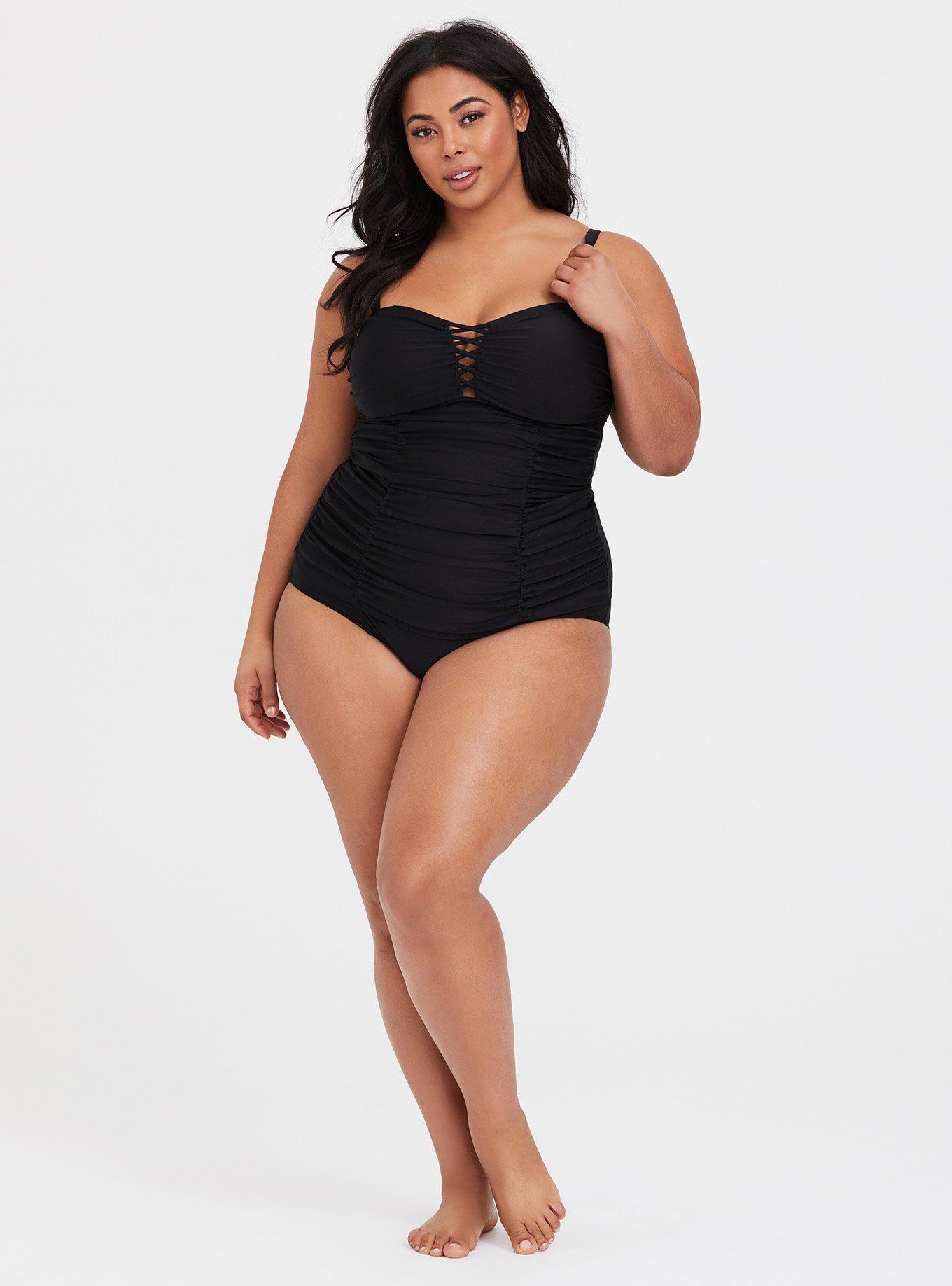 Plus Size Wireless Lattice Front Fitted Tankini, , alternate