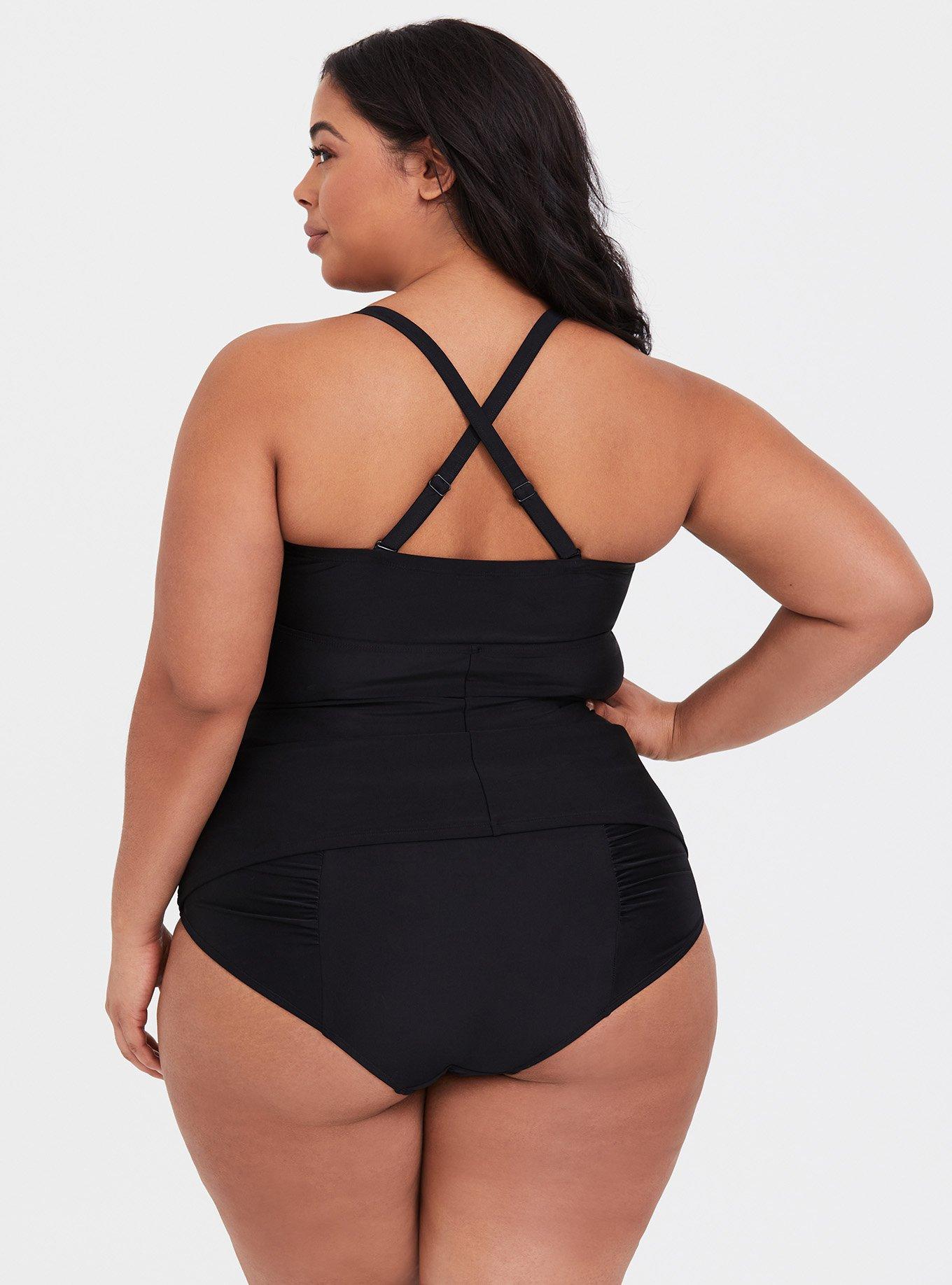 Plus Size Wireless Lattice Front Fitted Tankini, , alternate
